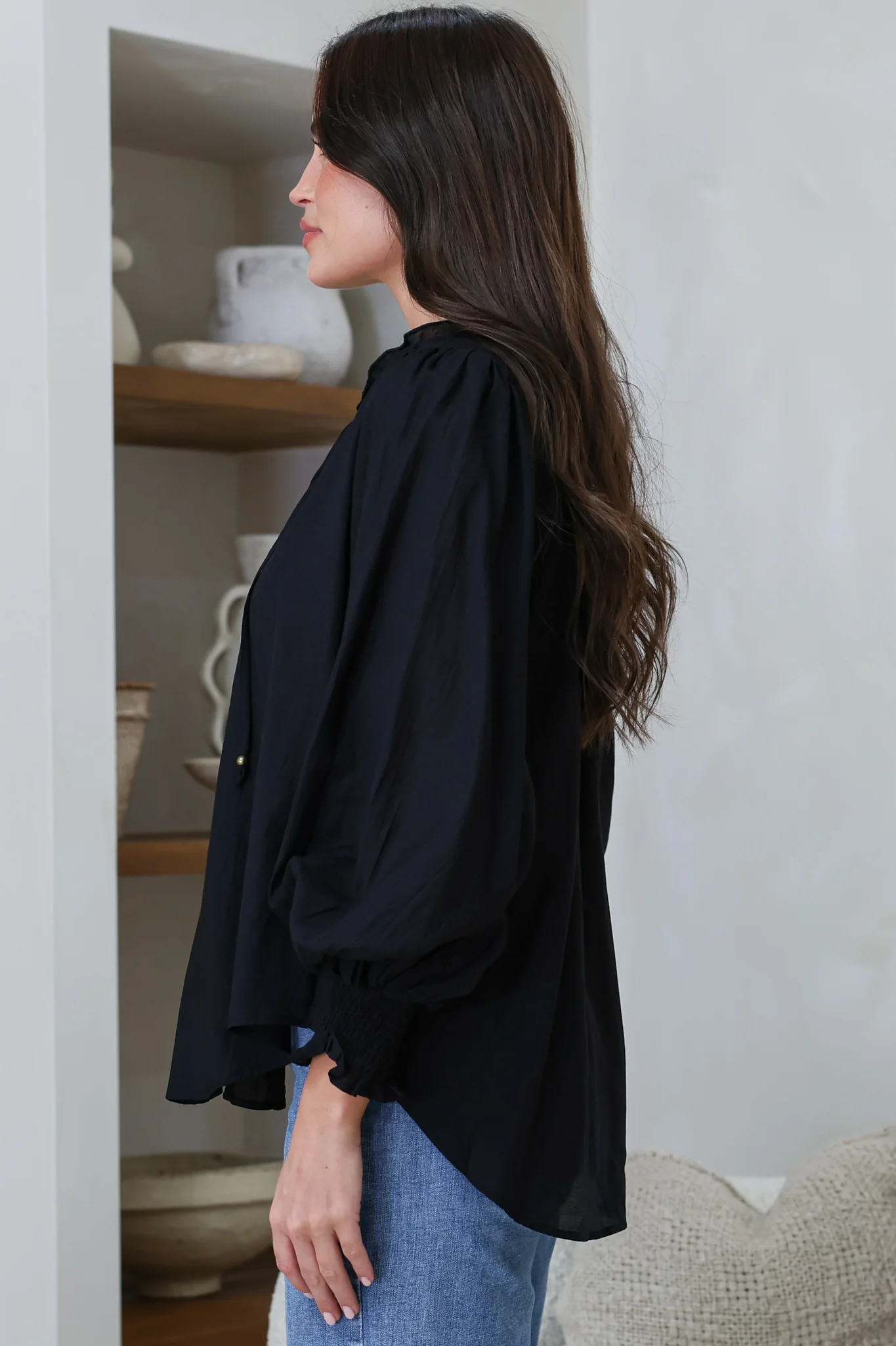 Moree Blouse - Frill Collar Neck Tie Button Down Shirt in Black - Image 7