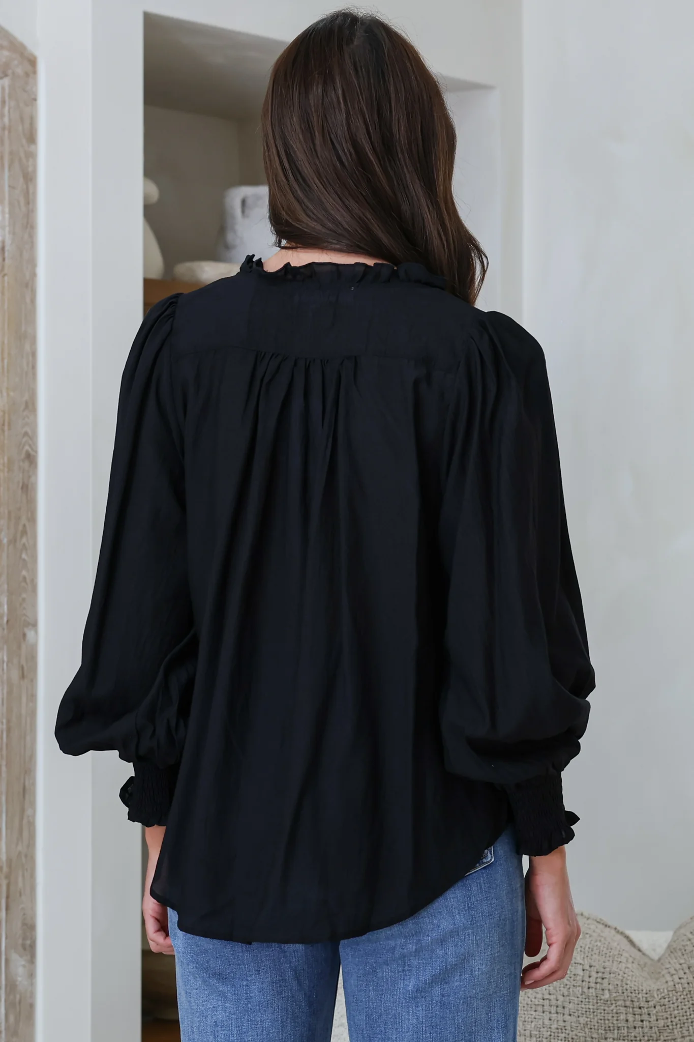 Moree Blouse - Frill Collar Neck Tie Button Down Shirt in Black - Image 8