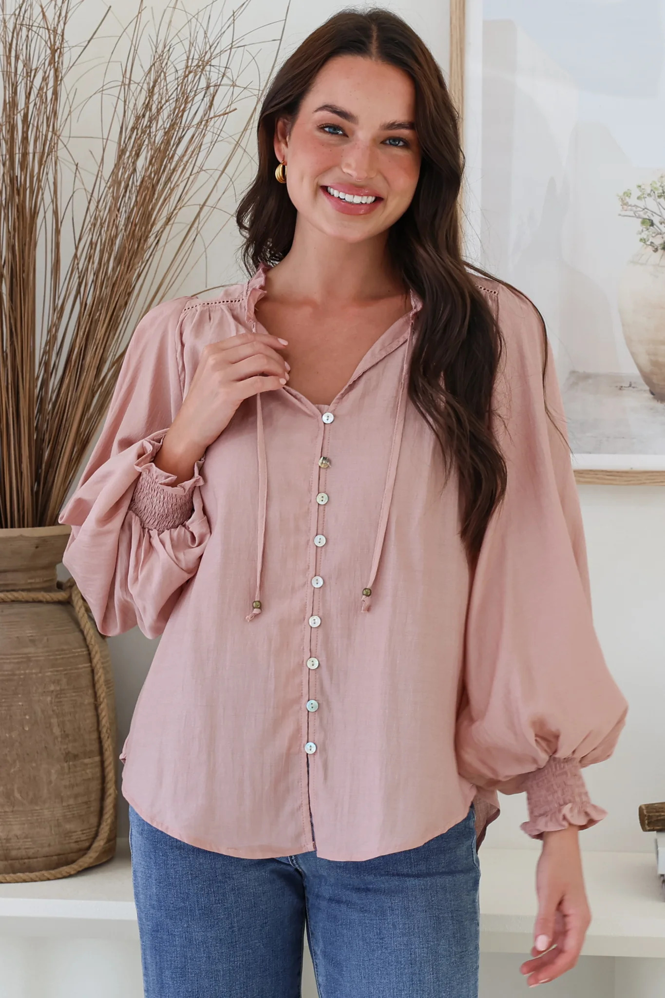 Moree Blouse - Frill Collar Neck Tie Button Down Shirt in Blush - Image 2