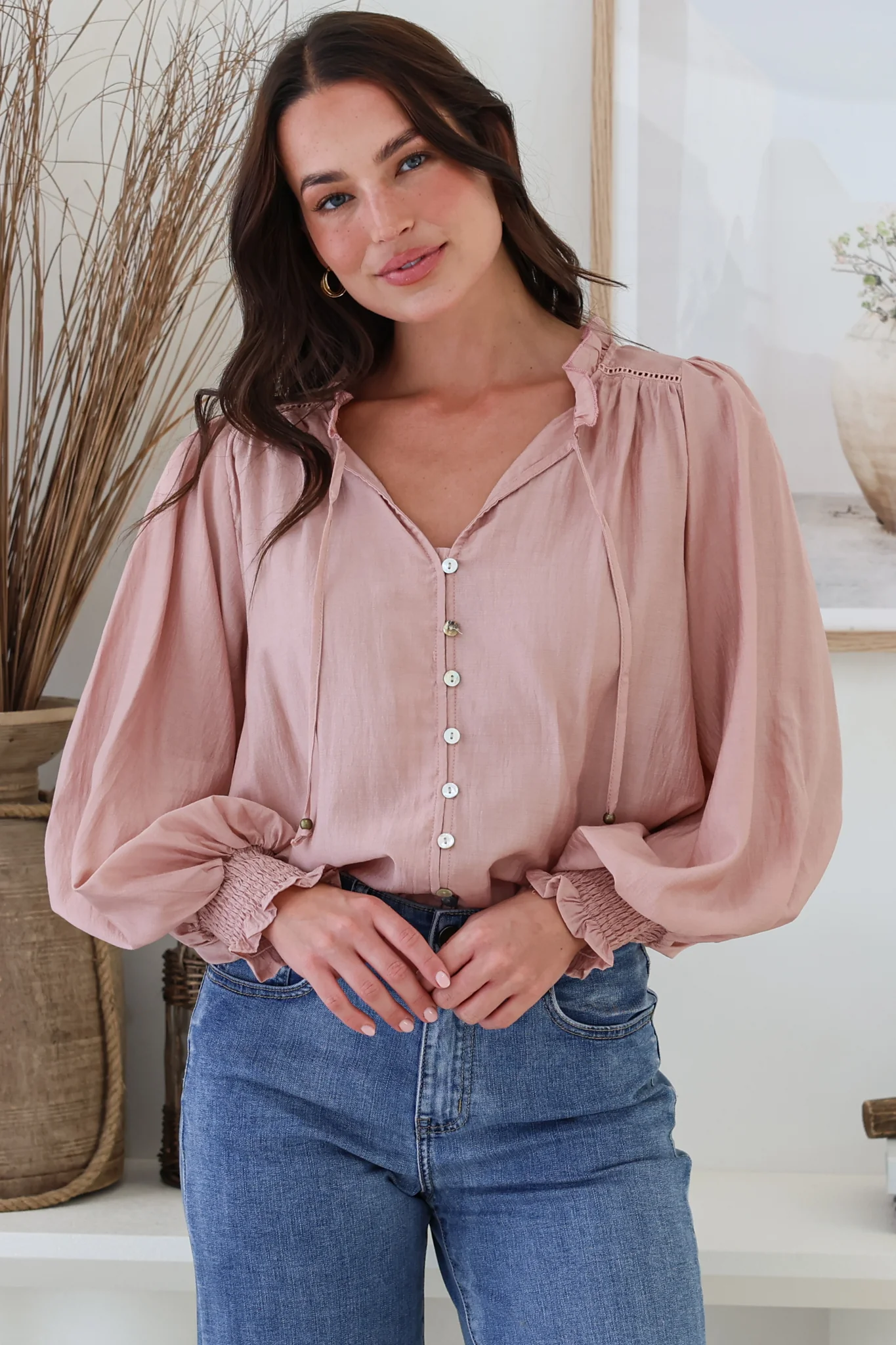 Moree Blouse - Frill Collar Neck Tie Button Down Shirt in Blush - Image 3