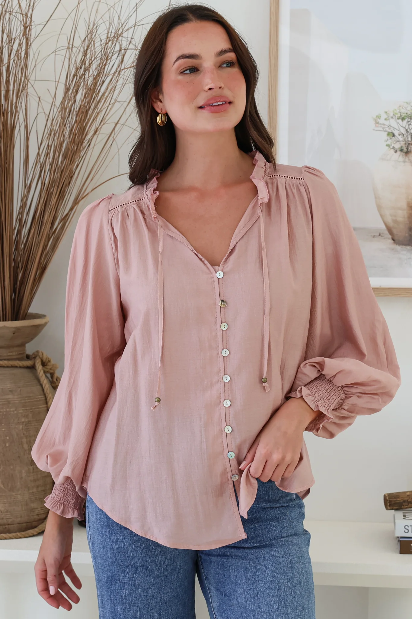 Moree Blouse - Frill Collar Neck Tie Button Down Shirt in Blush - Image 4