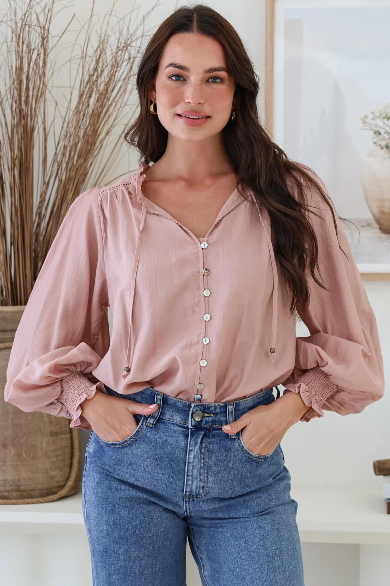 Moree Blouse - Frill Collar Neck Tie Button Down Shirt in Blush - Image 5