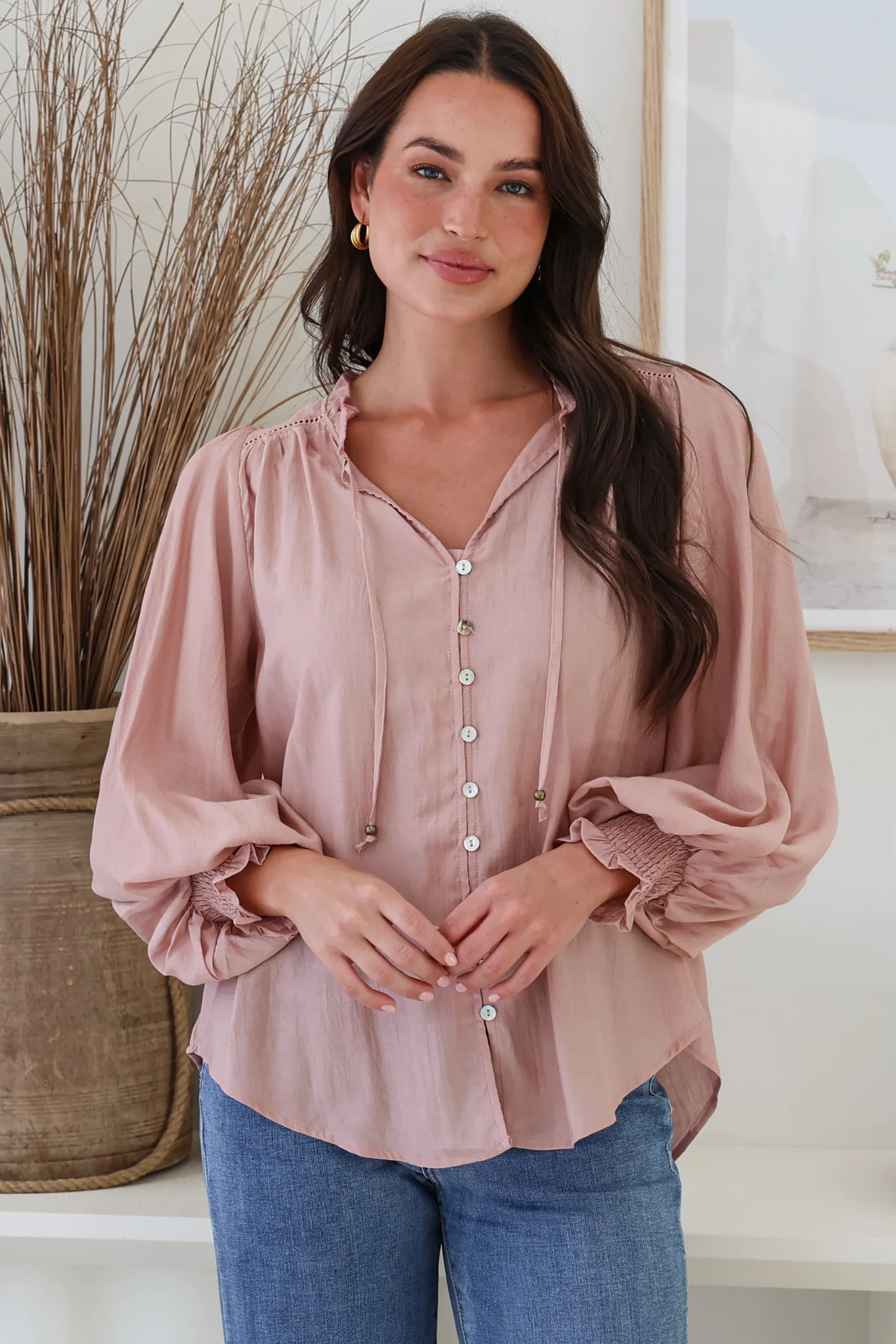Moree Blouse - Frill Collar Neck Tie Button Down Shirt in Blush - Image 6