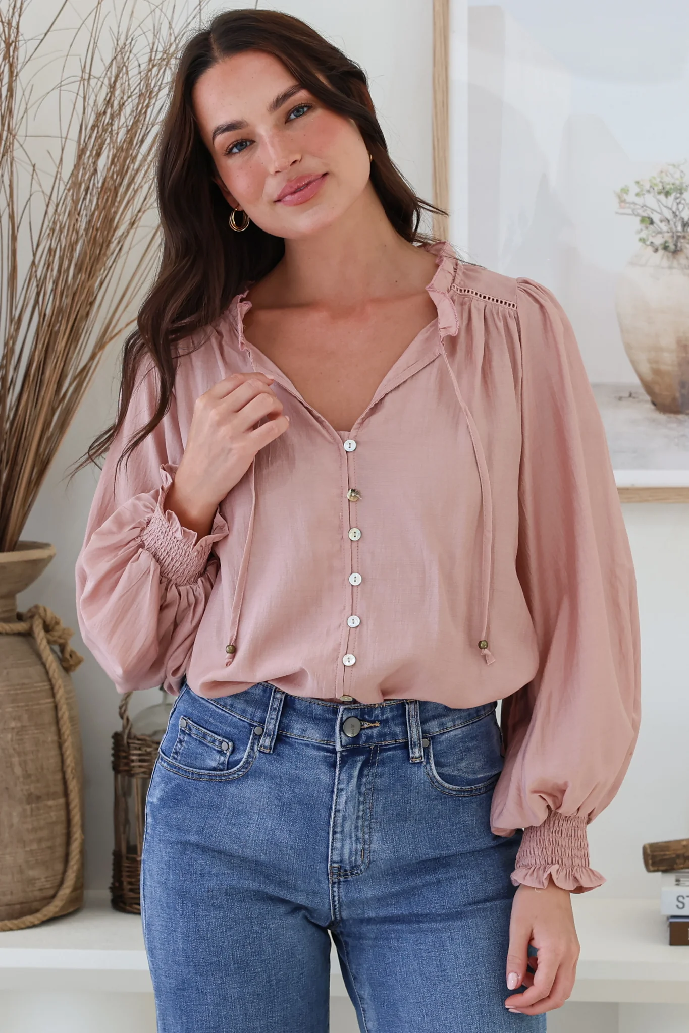 Moree Blouse - Frill Collar Neck Tie Button Down Shirt in Blush - Image 7
