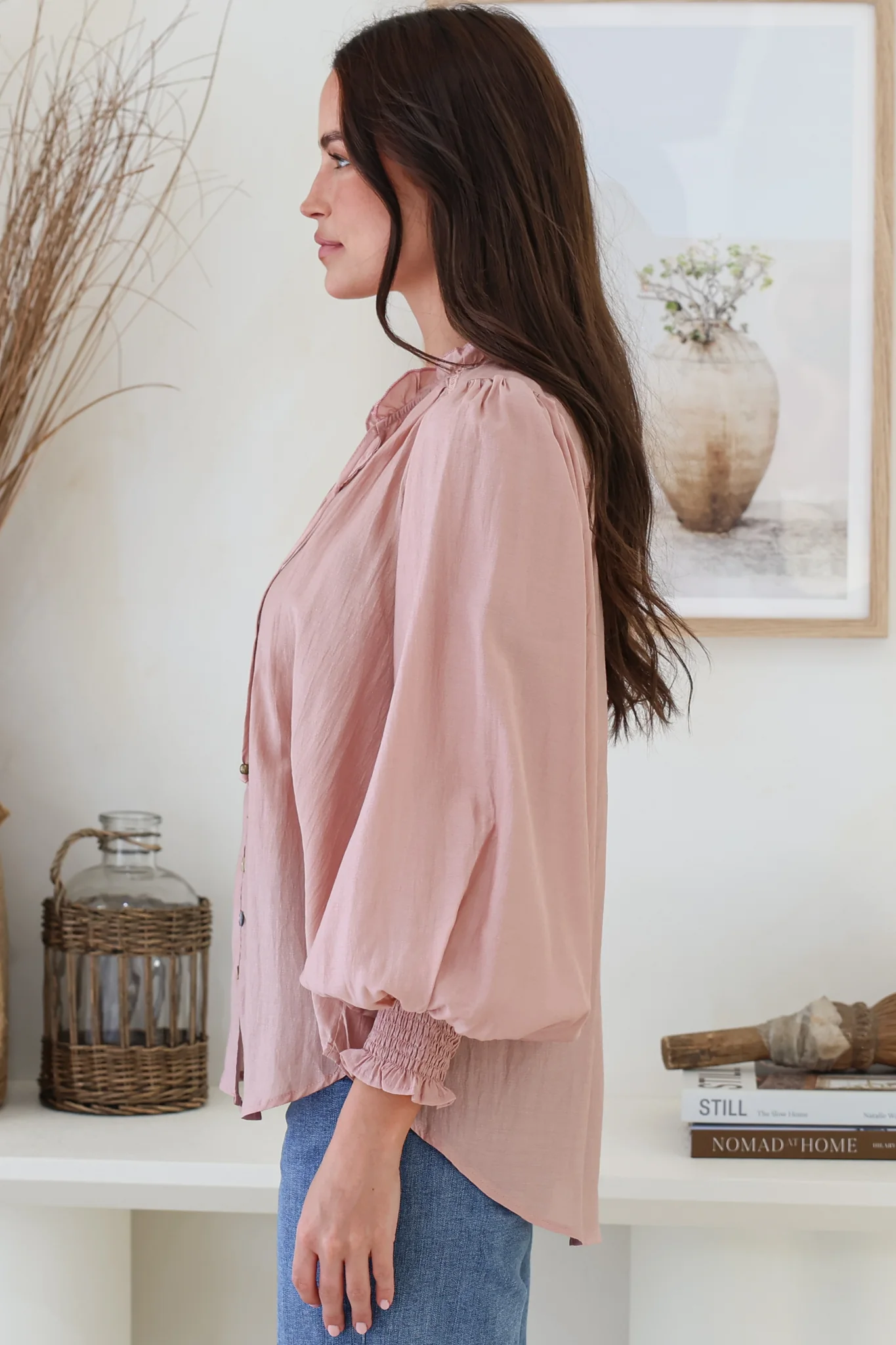 Moree Blouse - Frill Collar Neck Tie Button Down Shirt in Blush - Image 8