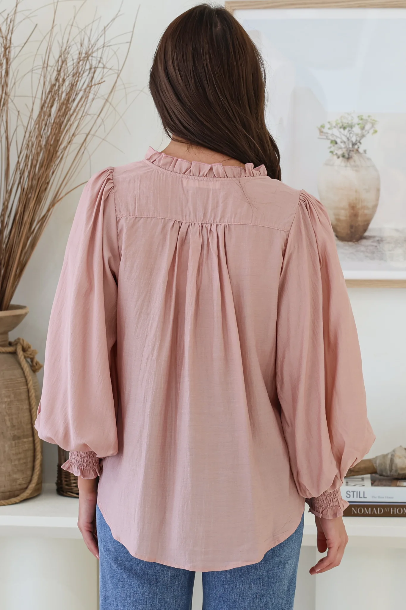 Moree Blouse - Frill Collar Neck Tie Button Down Shirt in Blush - Image 9