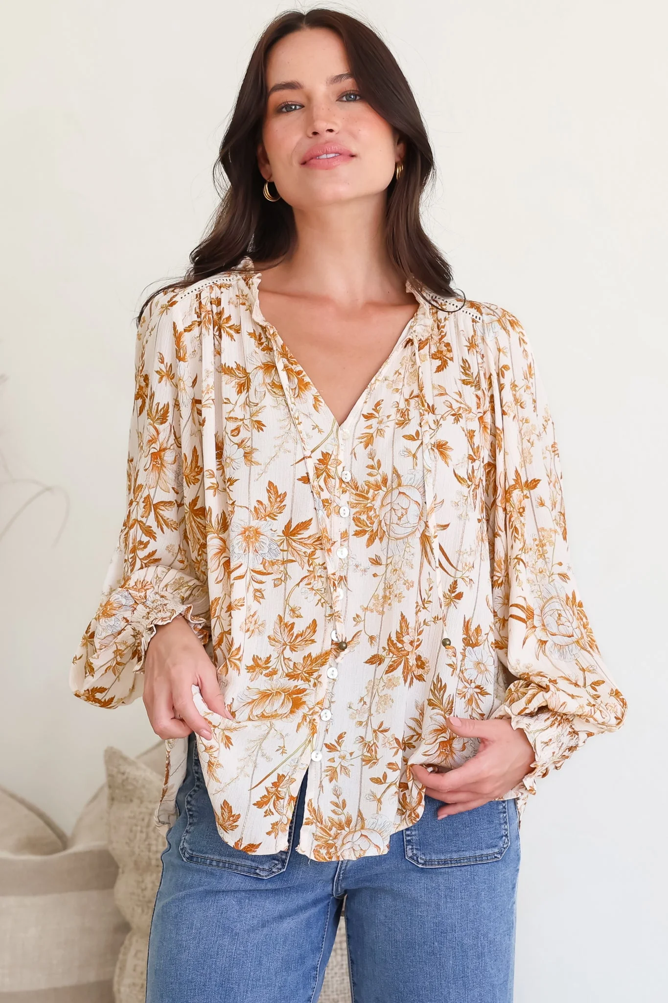 Moree Blouse - Frill Collar Neck Tie Button Down Shirt in Sorrento Print Cream - Image 2