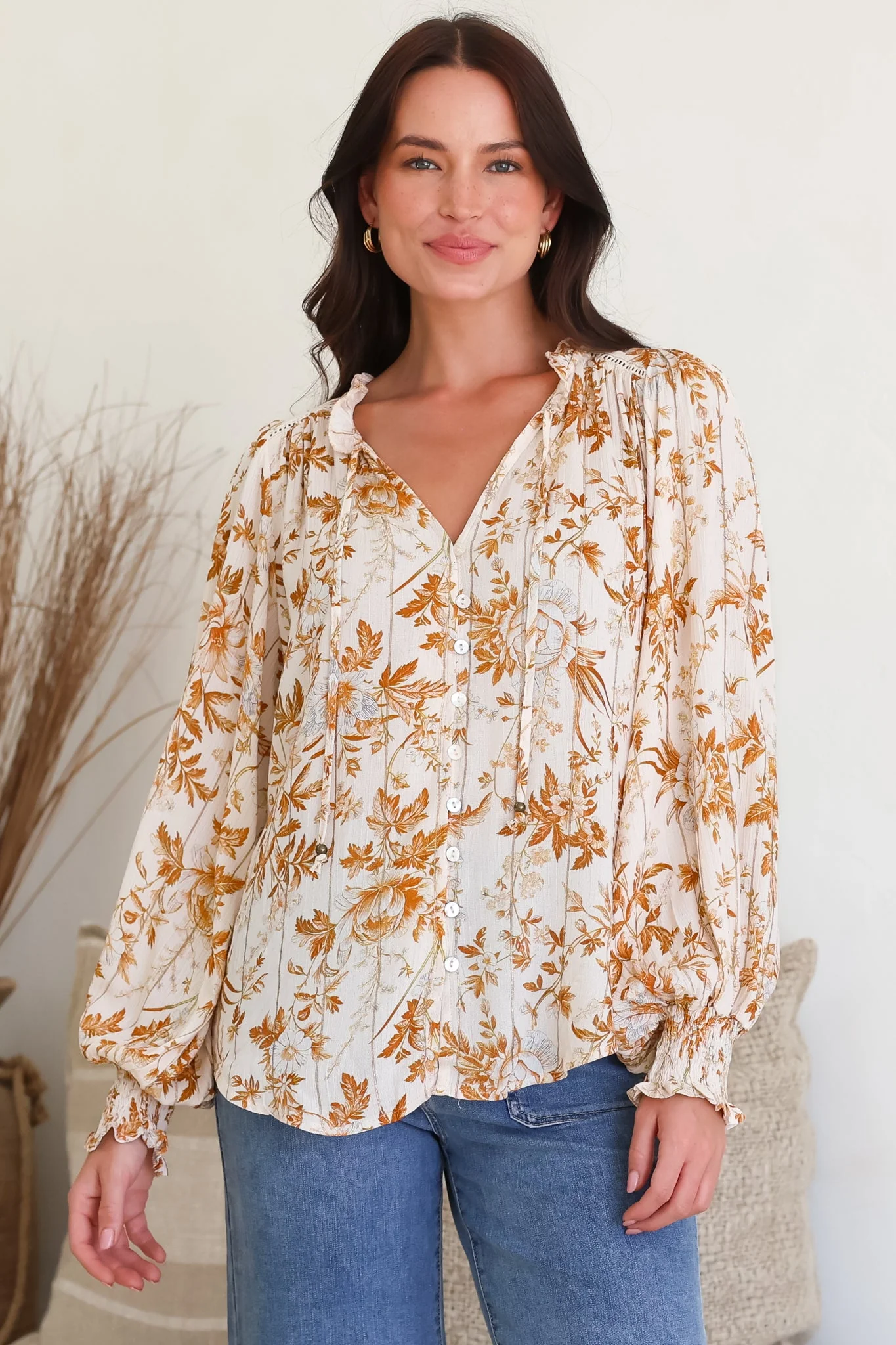 Moree Blouse - Frill Collar Neck Tie Button Down Shirt in Sorrento Print Cream - Image 5