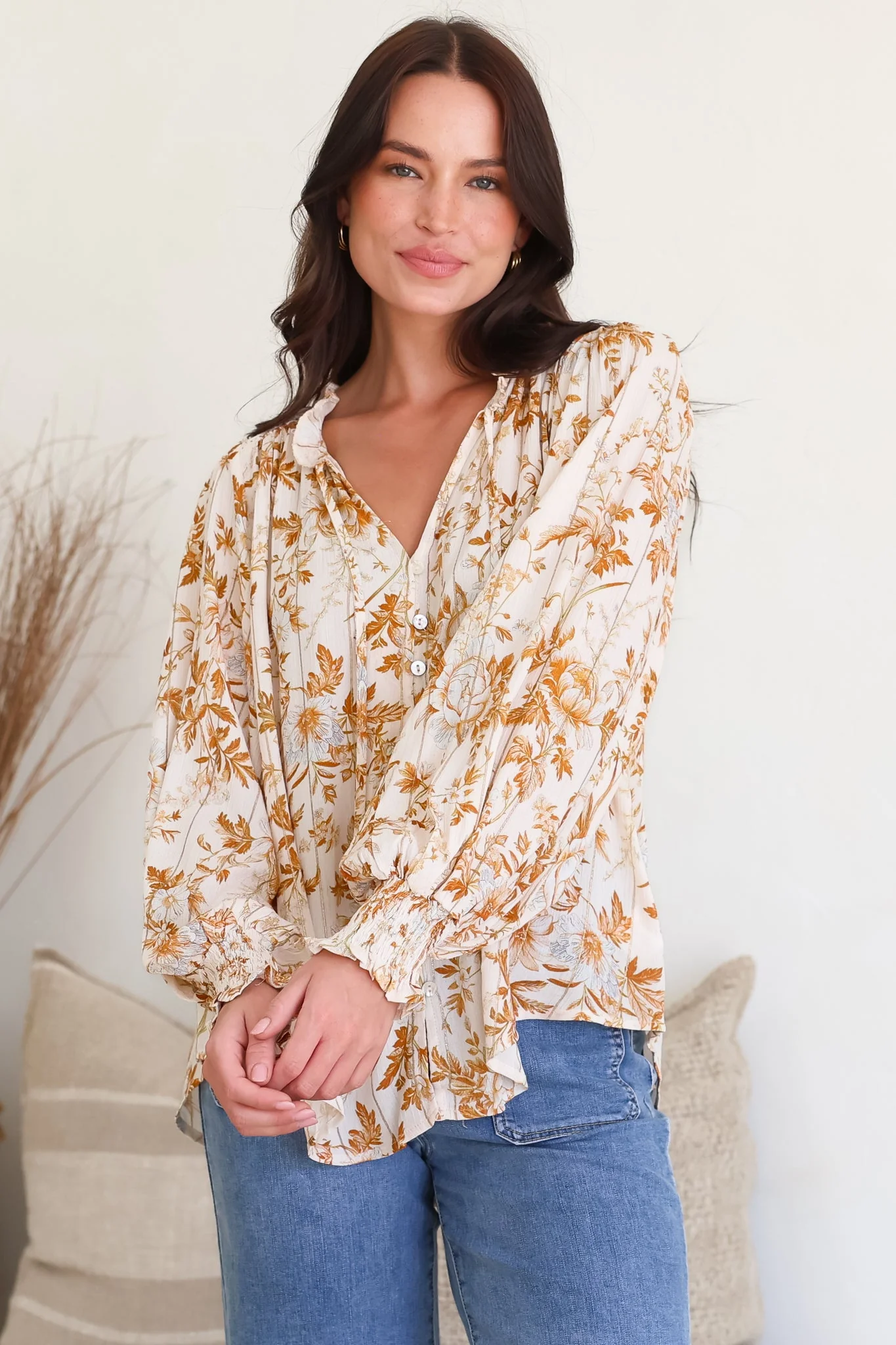 Moree Blouse - Frill Collar Neck Tie Button Down Shirt in Sorrento Print Cream - Image 6