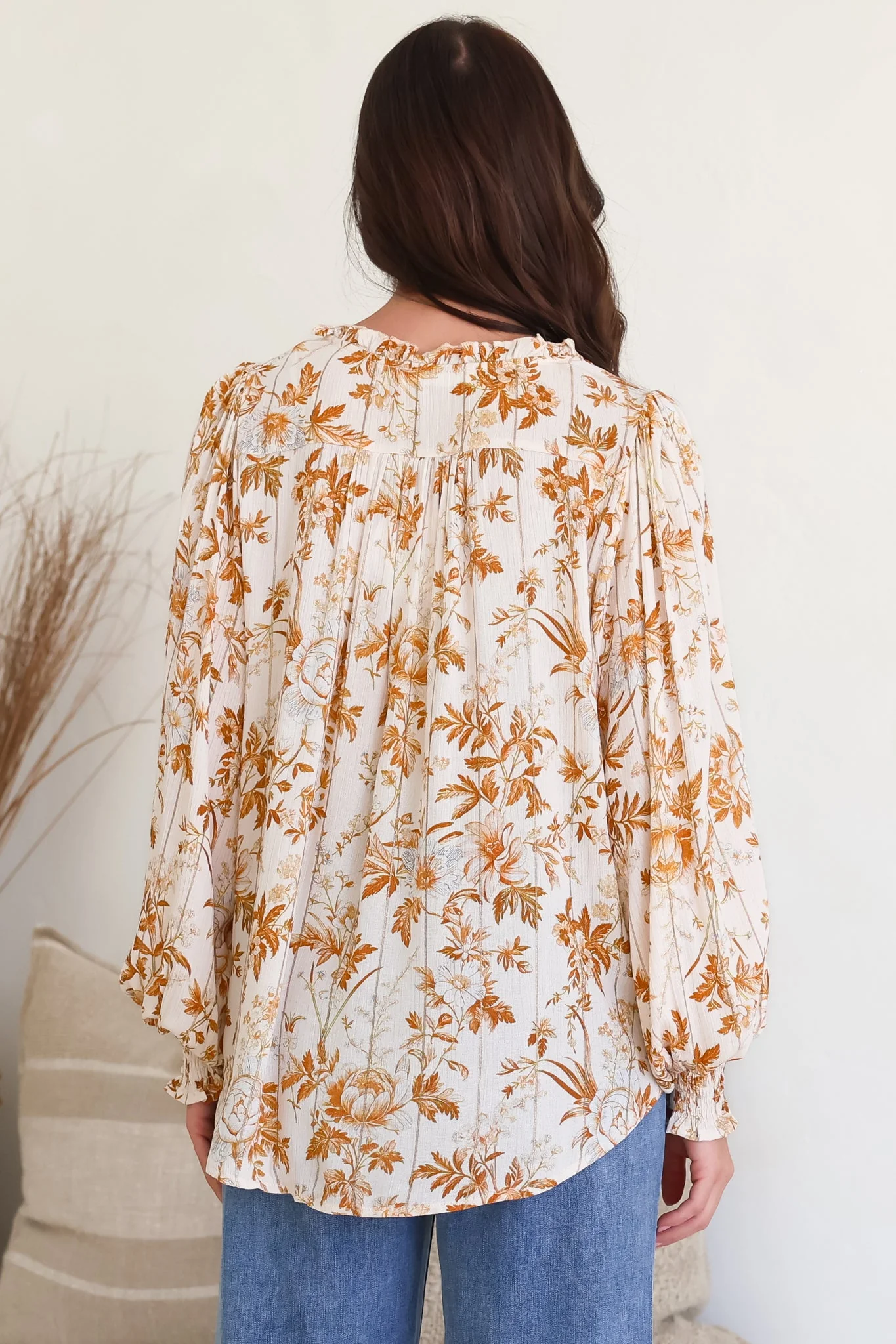 Moree Blouse - Frill Collar Neck Tie Button Down Shirt in Sorrento Print Cream - Image 8