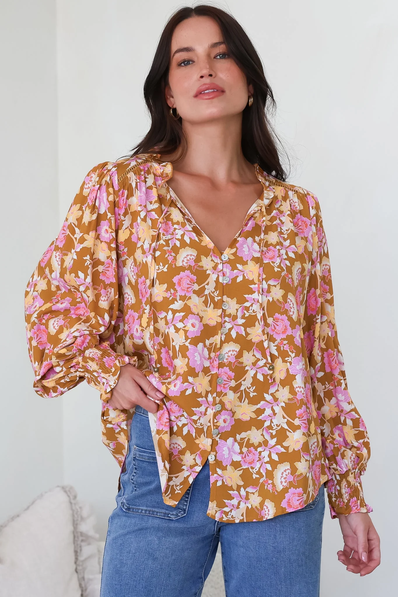 Moree Blouse - Frill Collar Neck Tie Button Down Shirt in Elixir Print - Image 2
