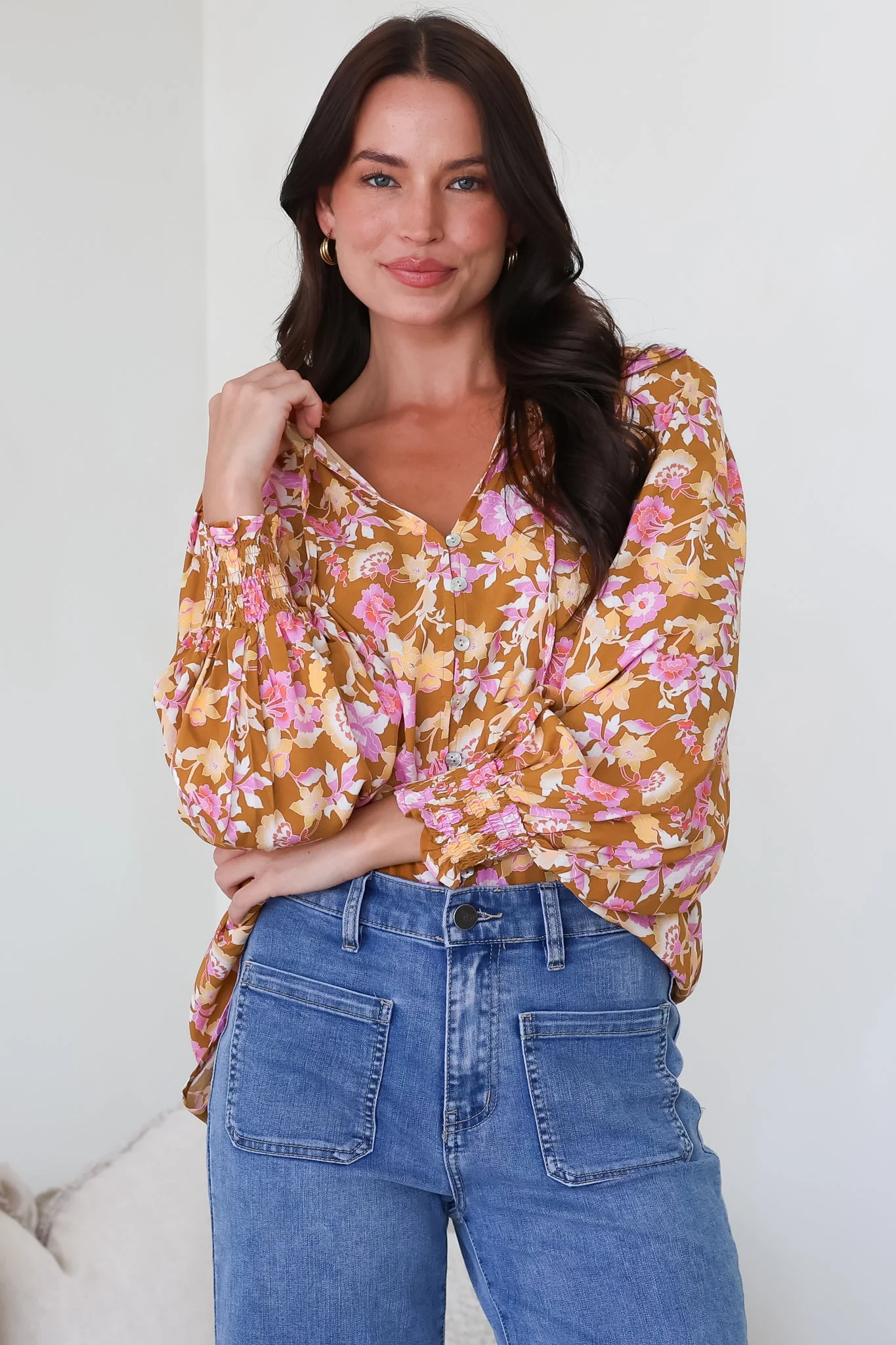 Moree Blouse - Frill Collar Neck Tie Button Down Shirt in Elixir Print - Image 3