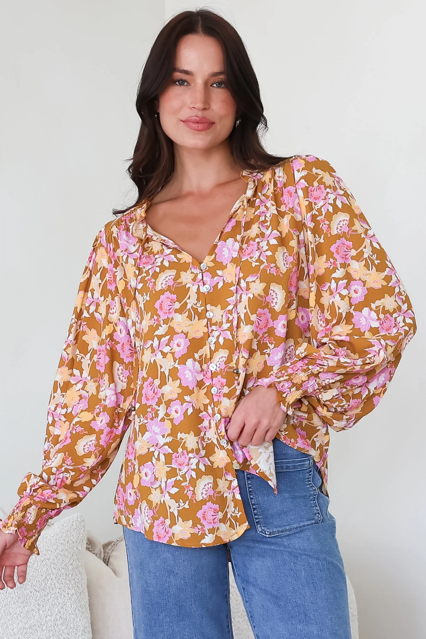 Moree Blouse - Frill Collar Neck Tie Button Down Shirt in Elixir Print - Image 4