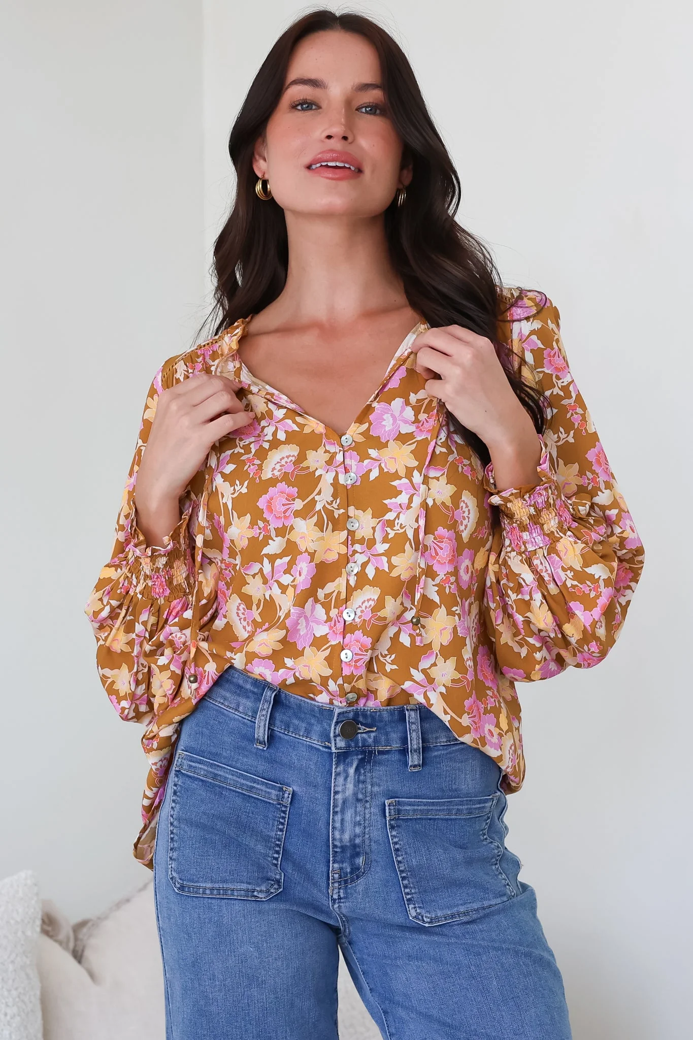 Moree Blouse - Frill Collar Neck Tie Button Down Shirt in Elixir Print - Image 5