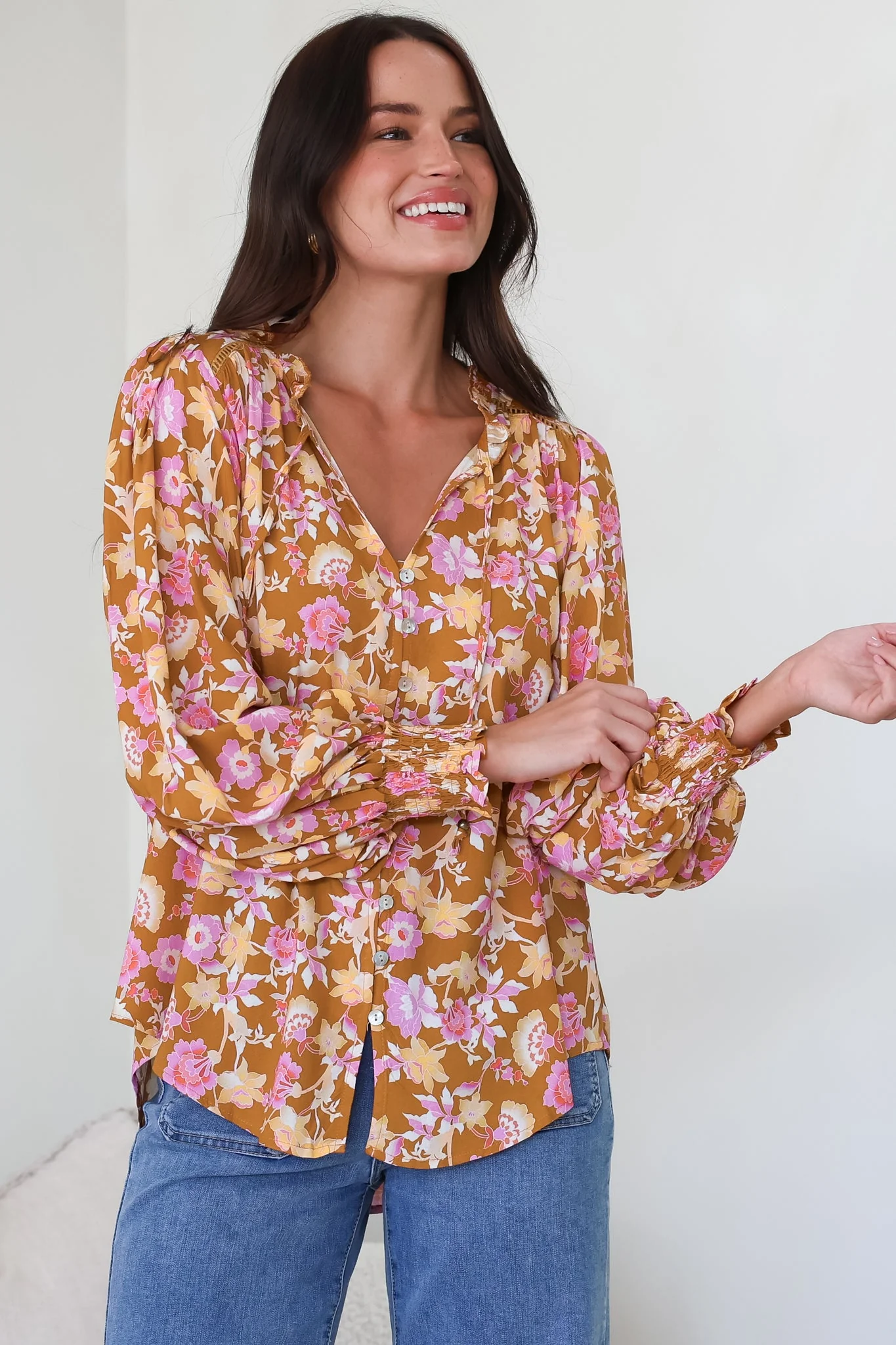 Moree Blouse - Frill Collar Neck Tie Button Down Shirt in Elixir Print - Image 6