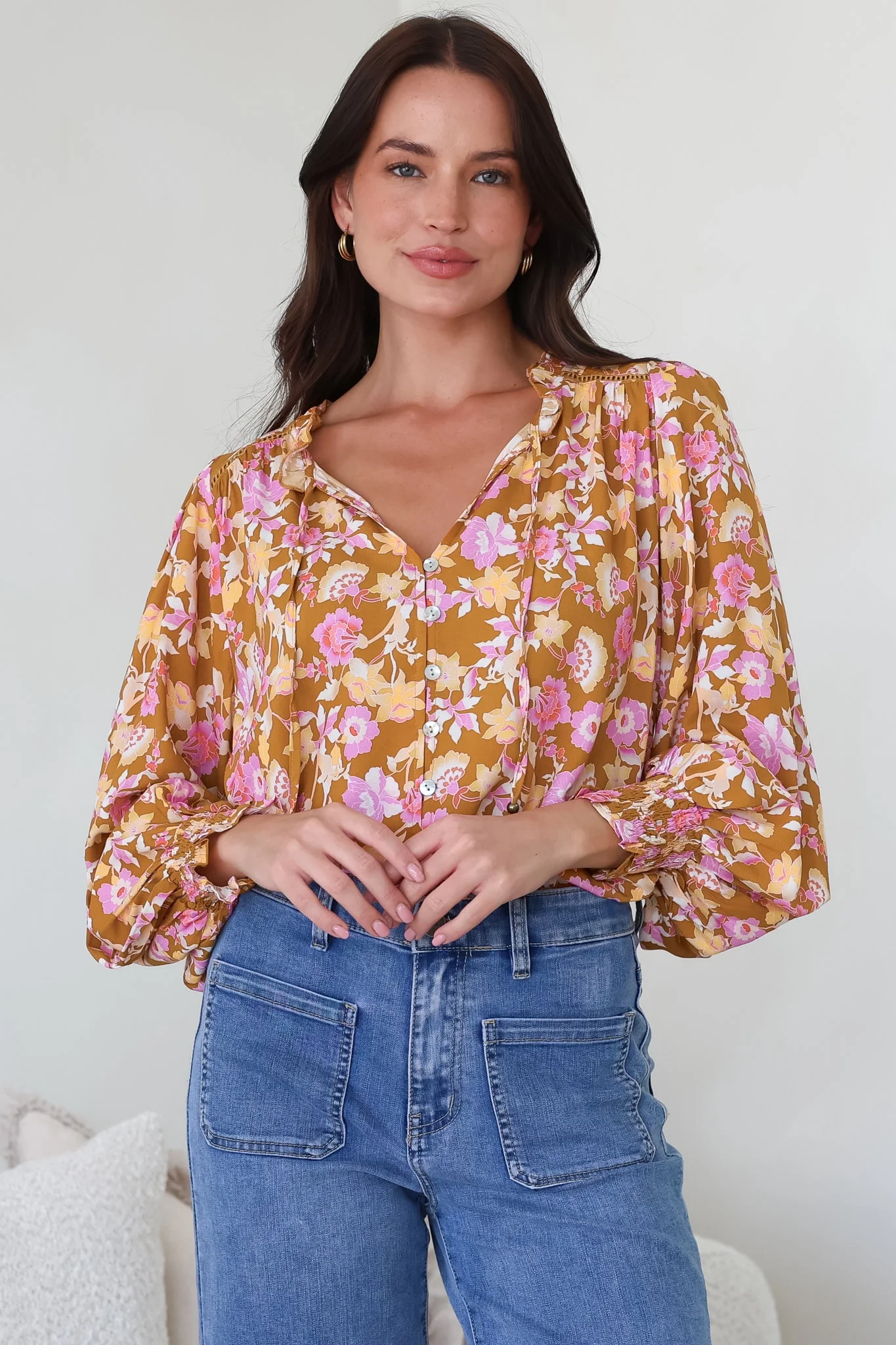 Moree Blouse - Frill Collar Neck Tie Button Down Shirt in Elixir Print - Image 7