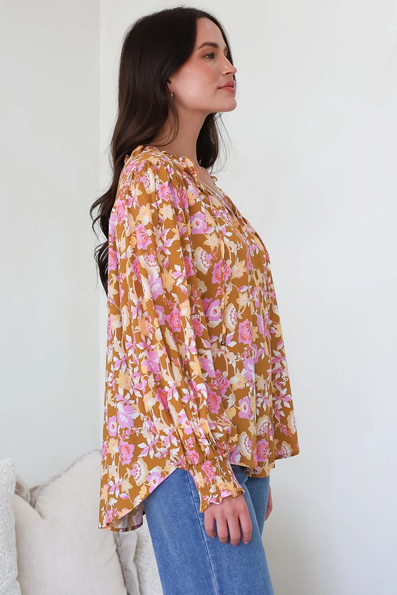 Moree Blouse - Frill Collar Neck Tie Button Down Shirt in Elixir Print - Image 8