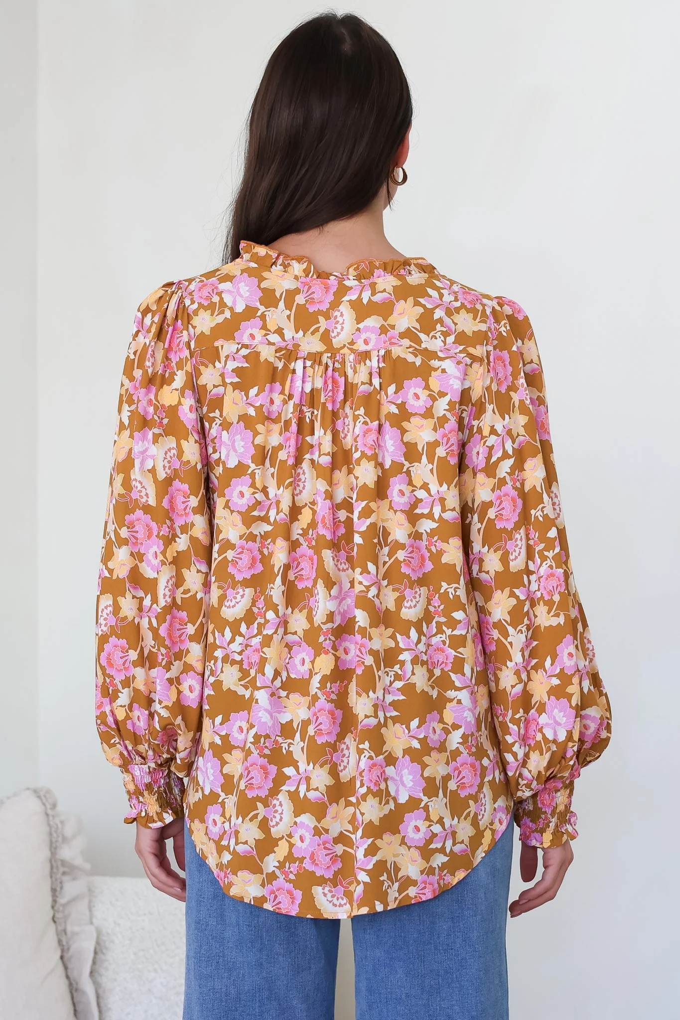 Moree Blouse - Frill Collar Neck Tie Button Down Shirt in Elixir Print - Image 9