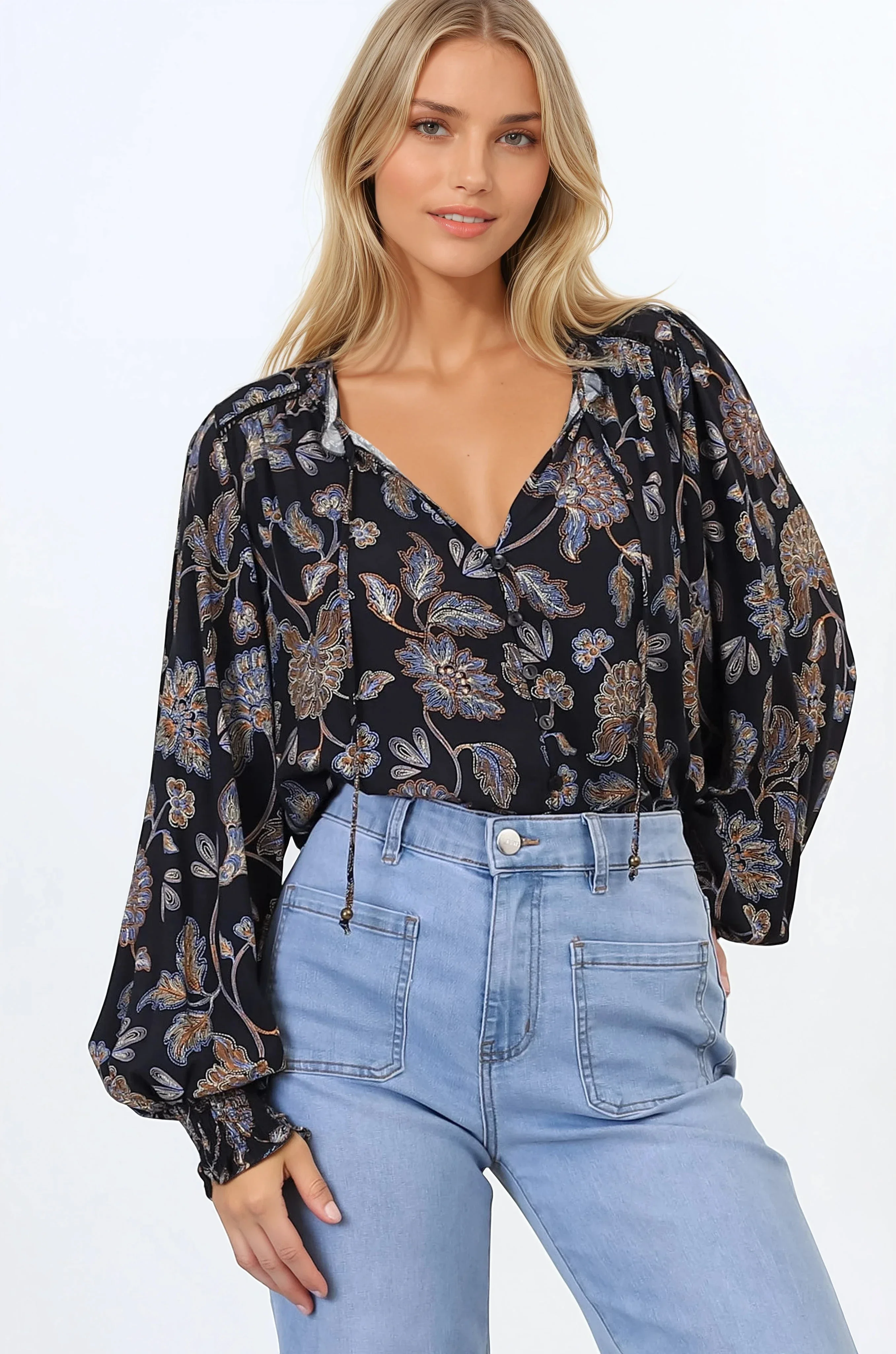 Moree Blouse - Frill Collar Neck Tie Button Down Shirt in the Enchanted Ink Print - Image 5