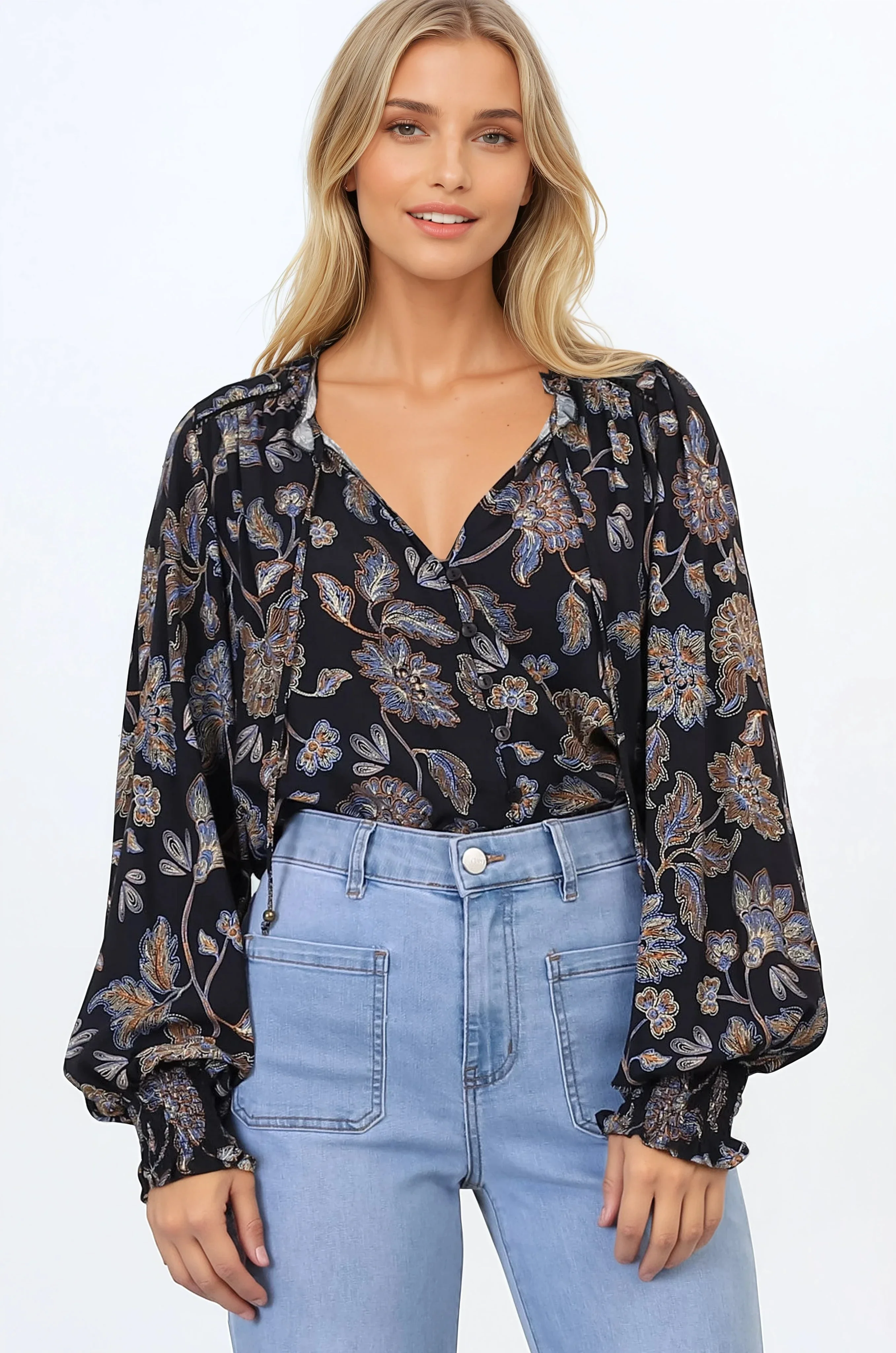 Moree Blouse - Frill Collar Neck Tie Button Down Shirt in the Enchanted Ink Print - Image 7