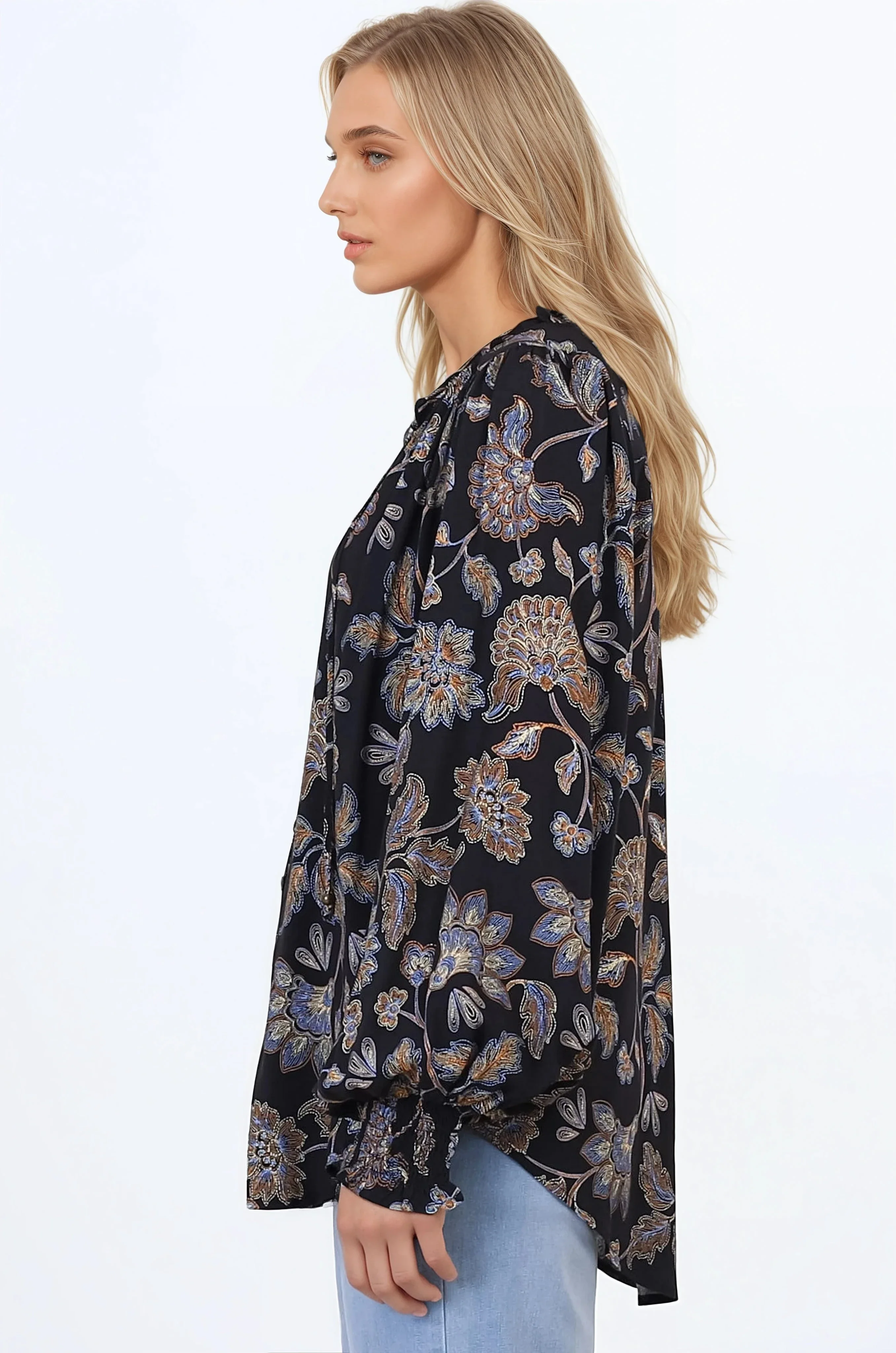 Moree Blouse - Frill Collar Neck Tie Button Down Shirt in the Enchanted Ink Print - Image 8