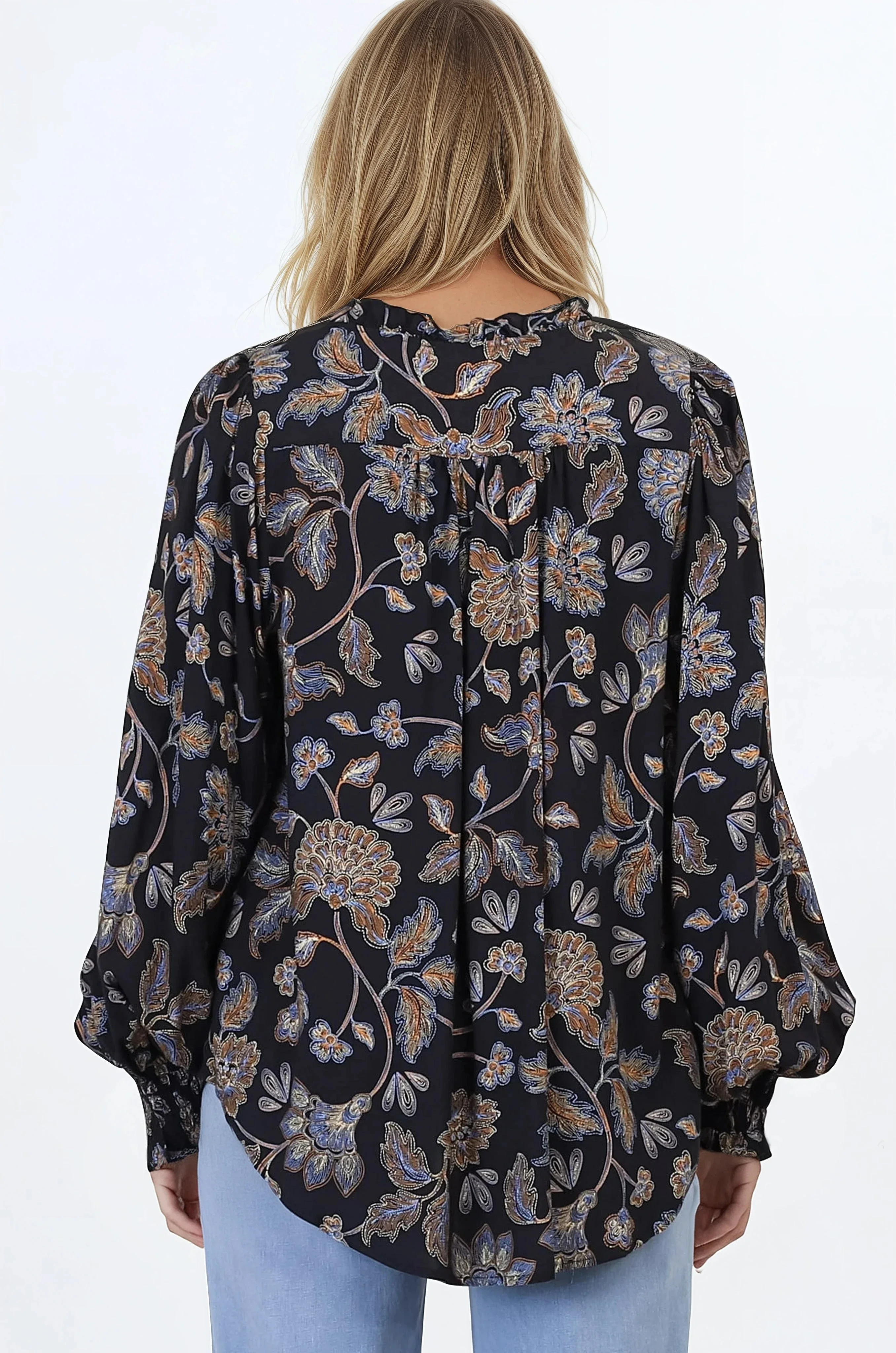 Moree Blouse - Frill Collar Neck Tie Button Down Shirt in the Enchanted Ink Print - Image 9