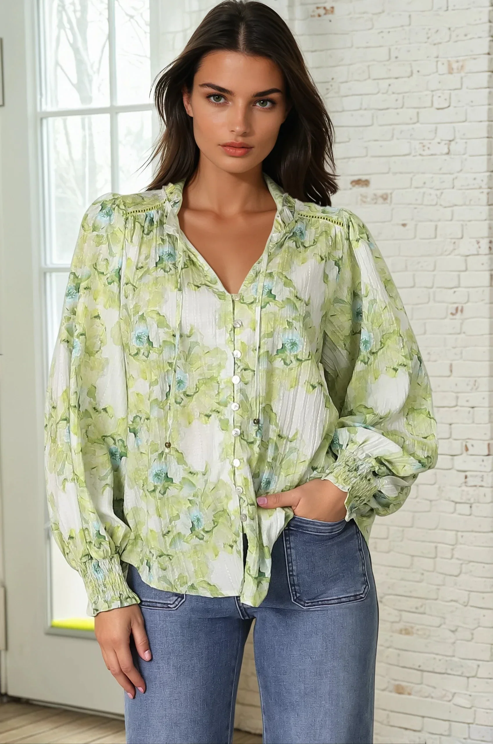 Moree Blouse - Frill Collar Neck Tie Button Down Shirt in Franc Print Lime - Image 15