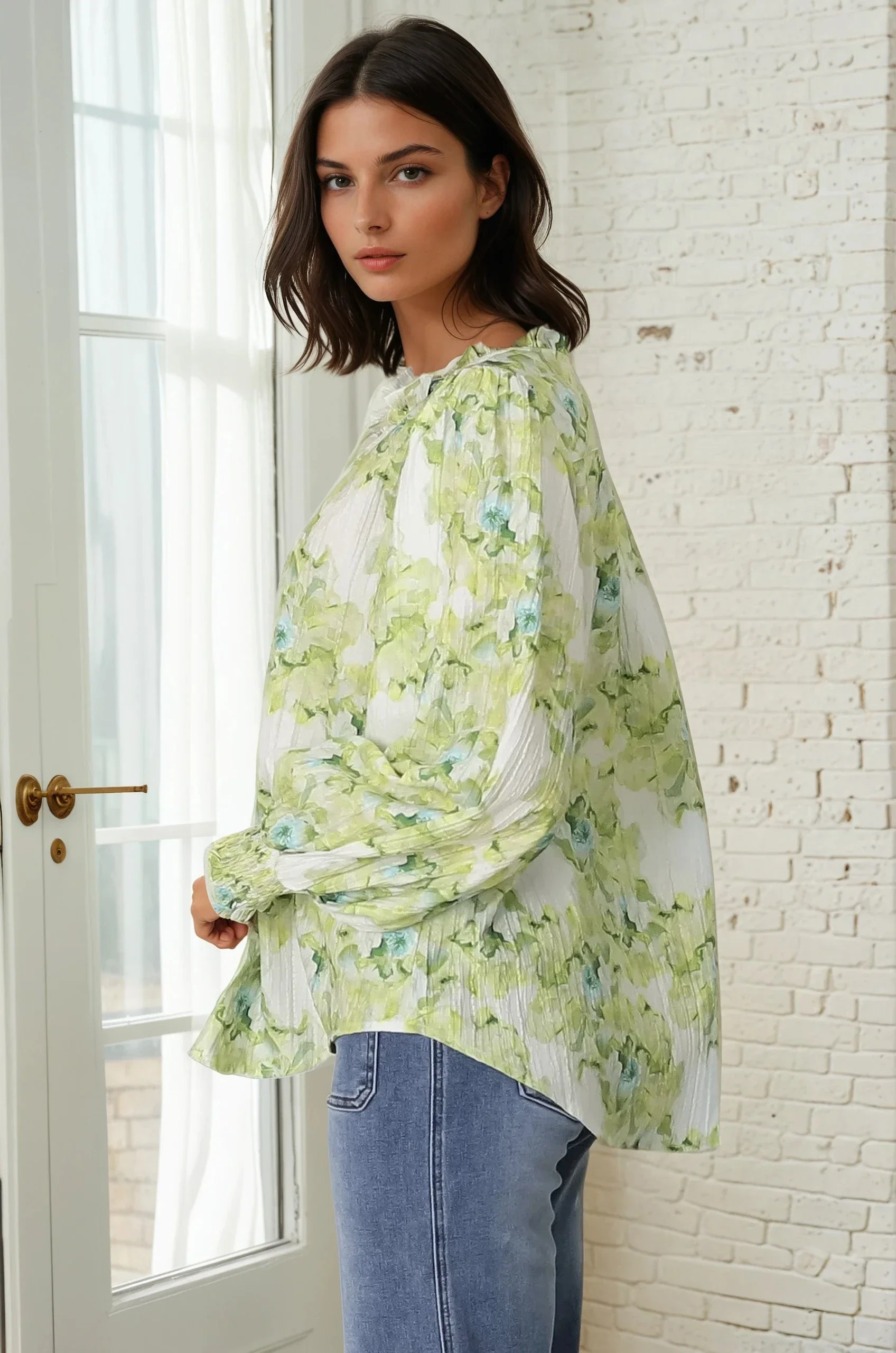 Moree Blouse - Frill Collar Neck Tie Button Down Shirt in Franc Print Lime - Image 18