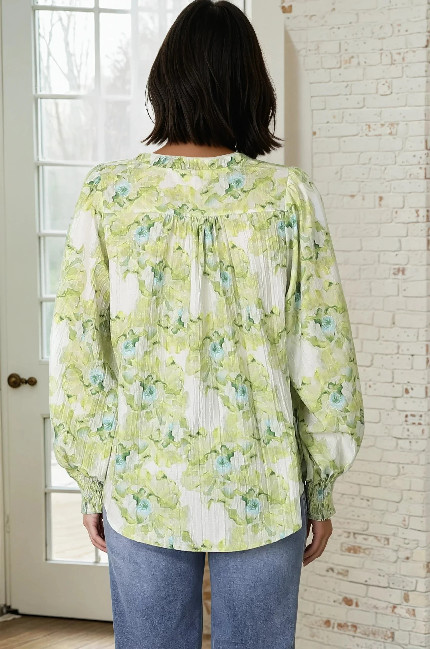 Moree Blouse - Frill Collar Neck Tie Button Down Shirt in Franc Print Lime - Image 19