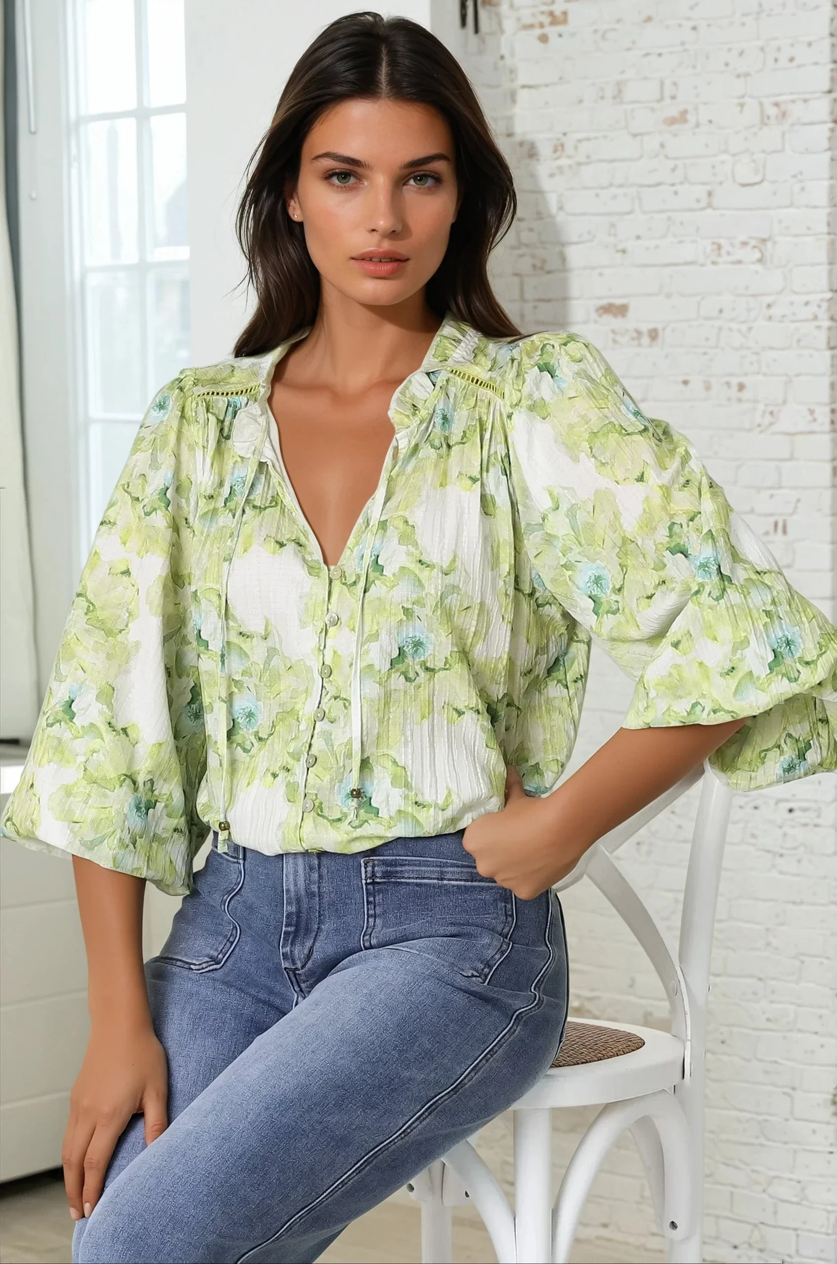 Moree Blouse - Frill Collar Neck Tie Button Down Shirt in Franc Print Lime - Image 3