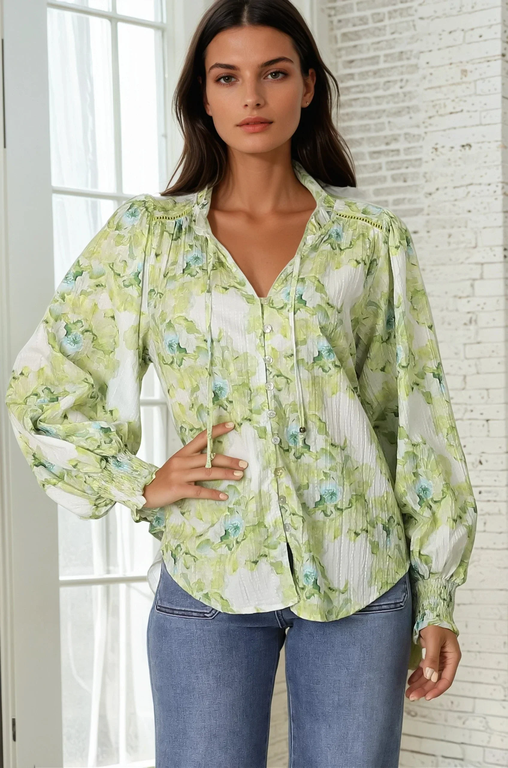 Moree Blouse - Frill Collar Neck Tie Button Down Shirt in Franc Print Lime - Image 8