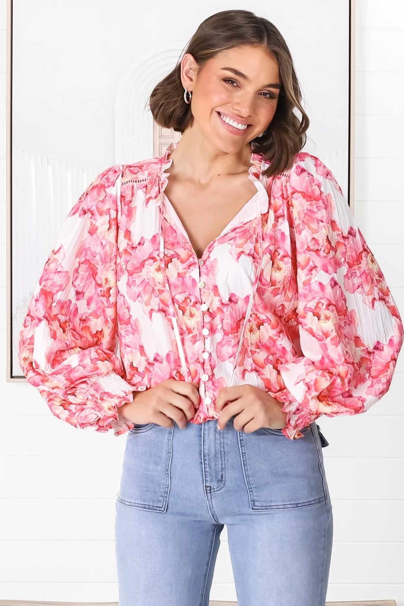 Moree Blouse - Frill Collar Neck Tie Button Down Shirt in Franc Print Pink - Image 12