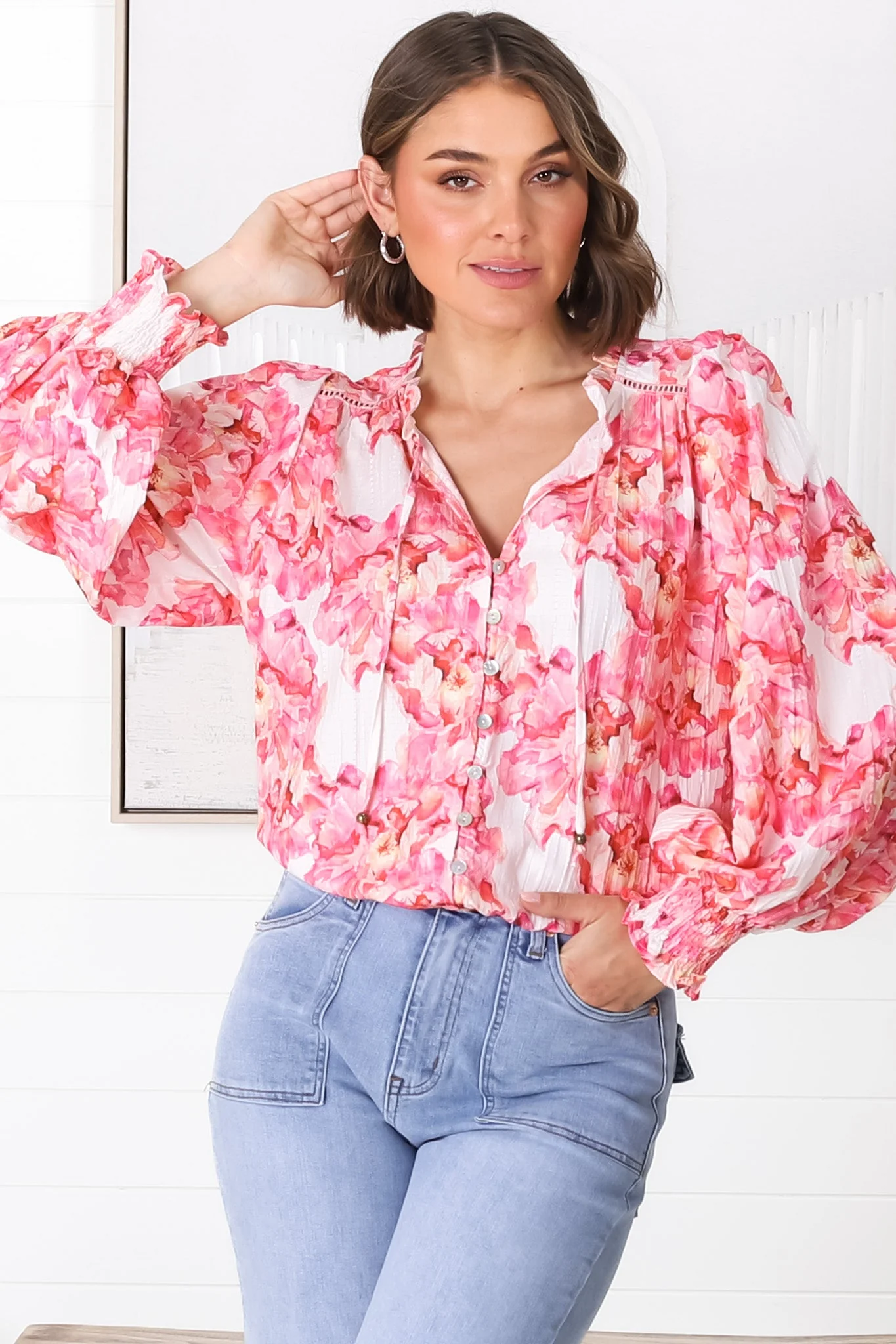 Moree Blouse - Frill Collar Neck Tie Button Down Shirt in Franc Print Pink - Image 13