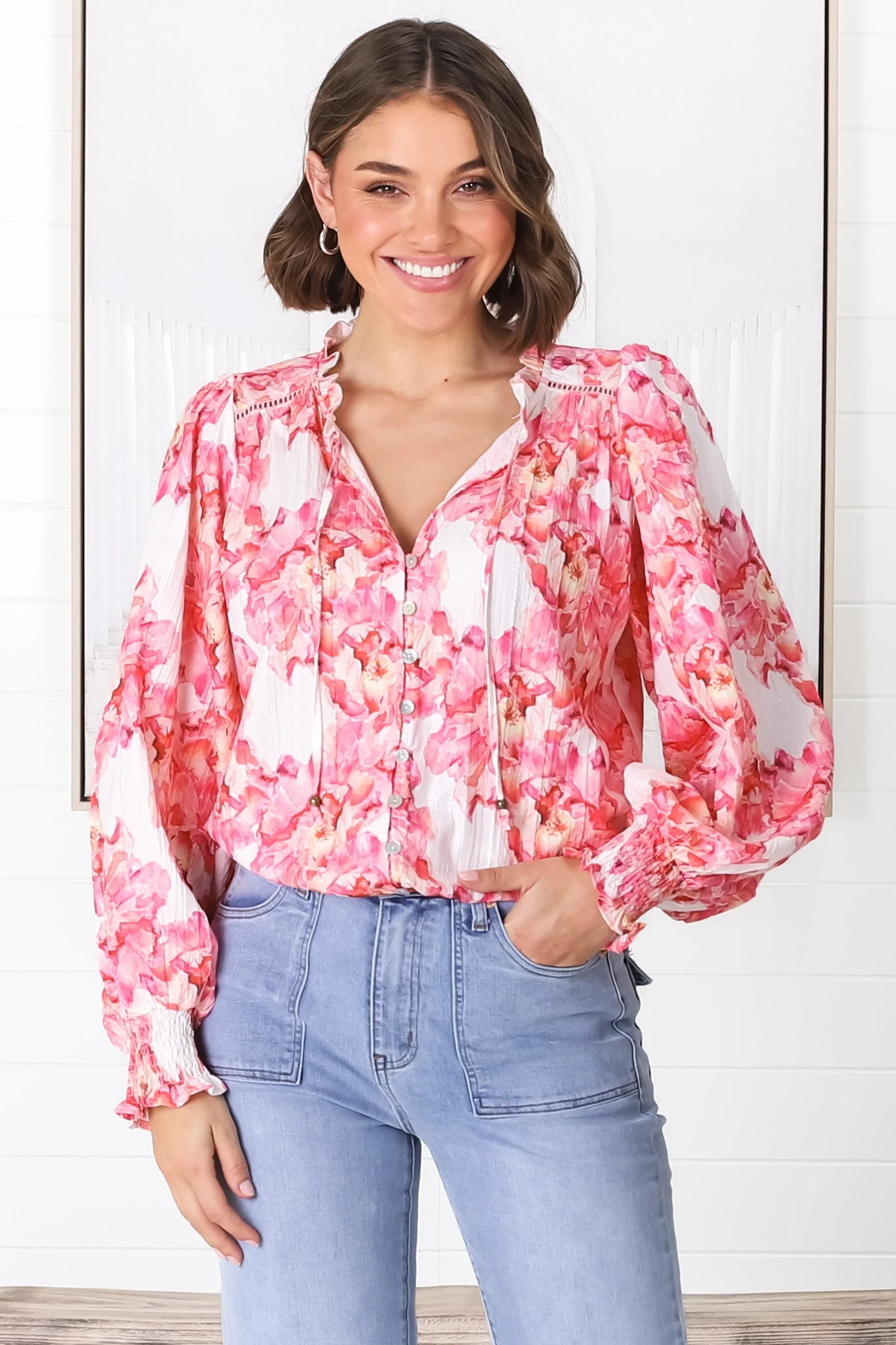 Moree Blouse - Frill Collar Neck Tie Button Down Shirt in Franc Print Pink - Image 14