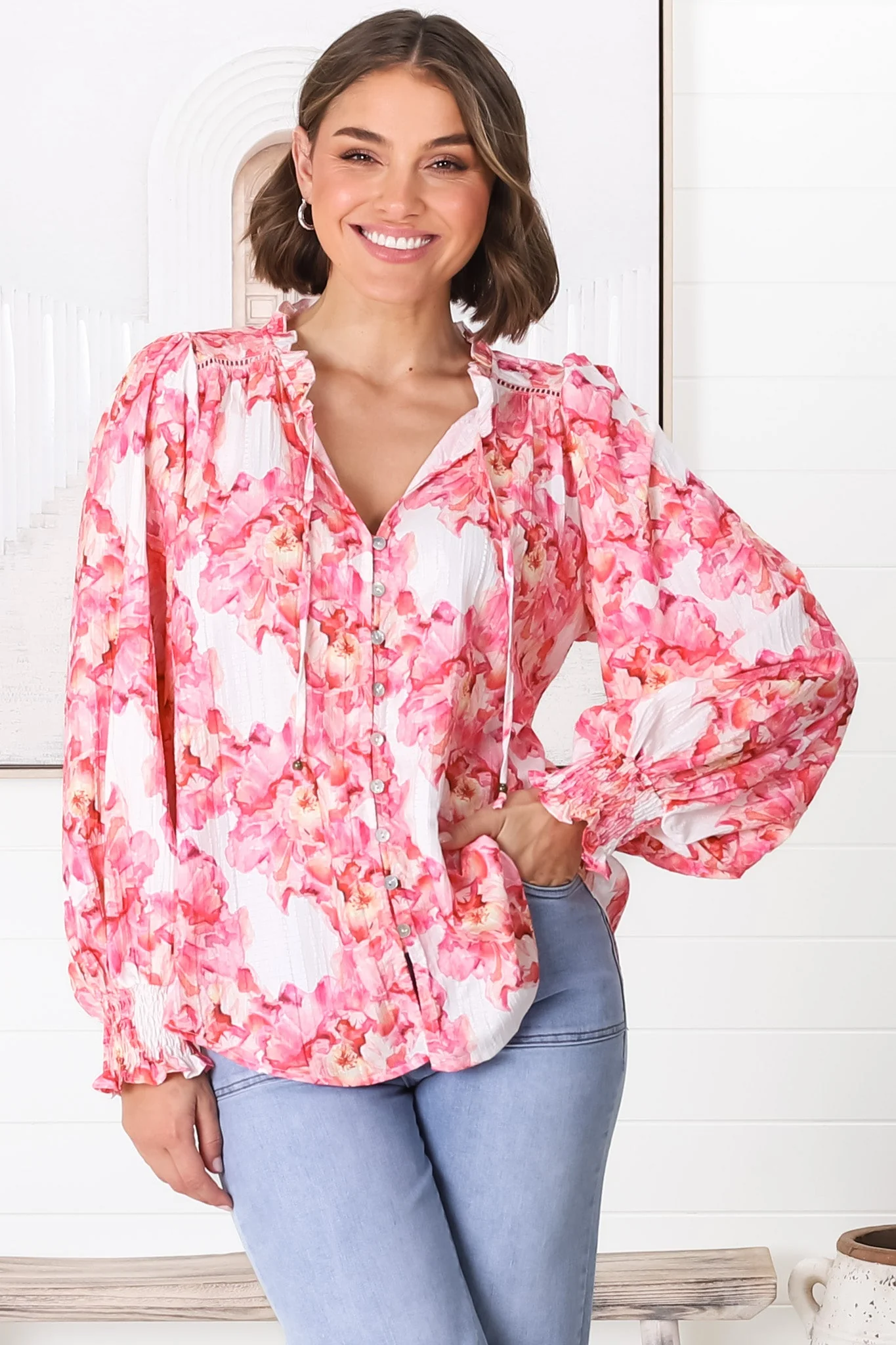 Moree Blouse - Frill Collar Neck Tie Button Down Shirt in Franc Print Pink - Image 16