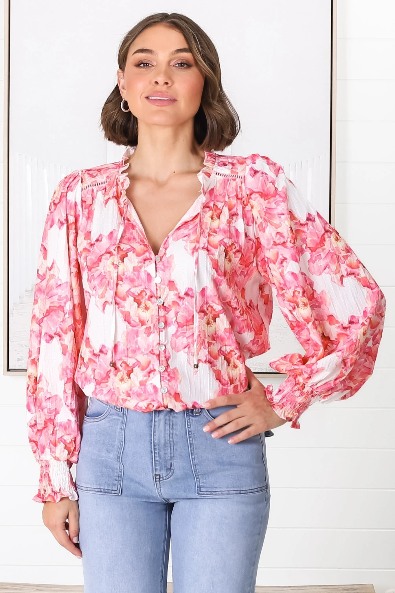 Moree Blouse - Frill Collar Neck Tie Button Down Shirt in Franc Print Pink - Image 17
