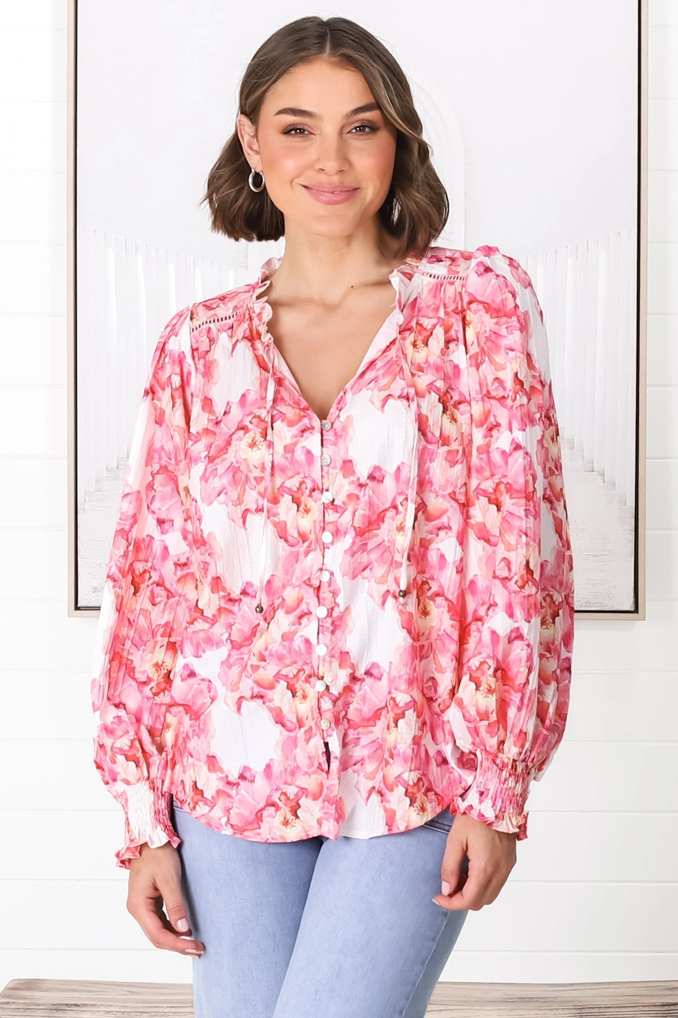 Moree Blouse - Frill Collar Neck Tie Button Down Shirt in Franc Print Pink - Image 18