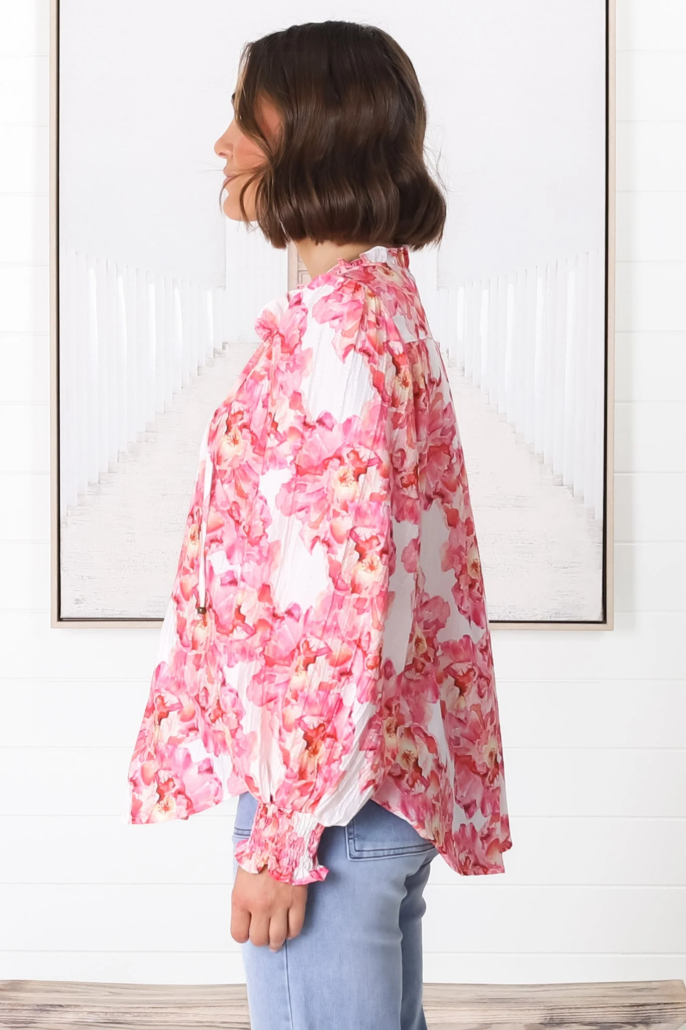 Moree Blouse - Frill Collar Neck Tie Button Down Shirt in Franc Print Pink - Image 19