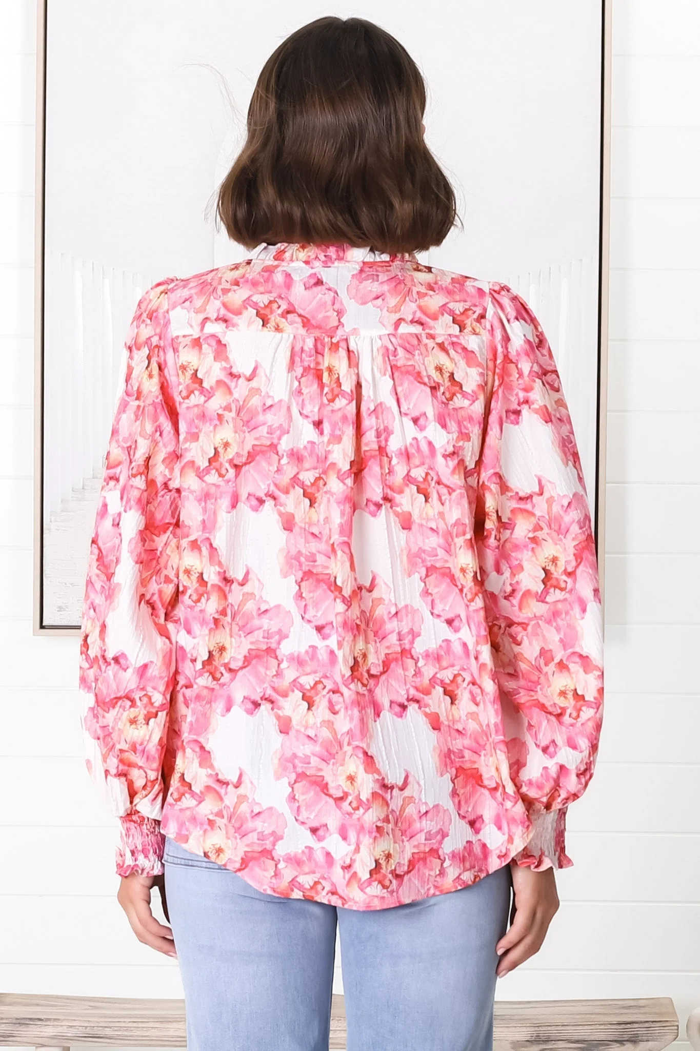 Moree Blouse - Frill Collar Neck Tie Button Down Shirt in Franc Print Pink - Image 20