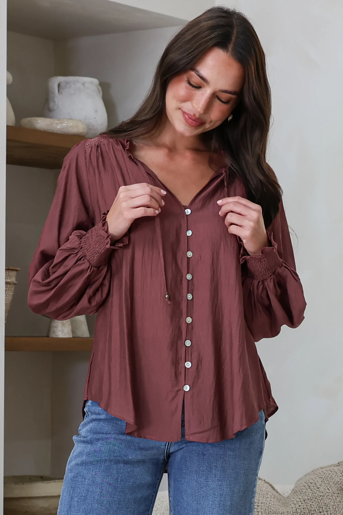 Moree Blouse - Frill Collar Neck Tie Button Down Shirt in Mulberry - Image 3