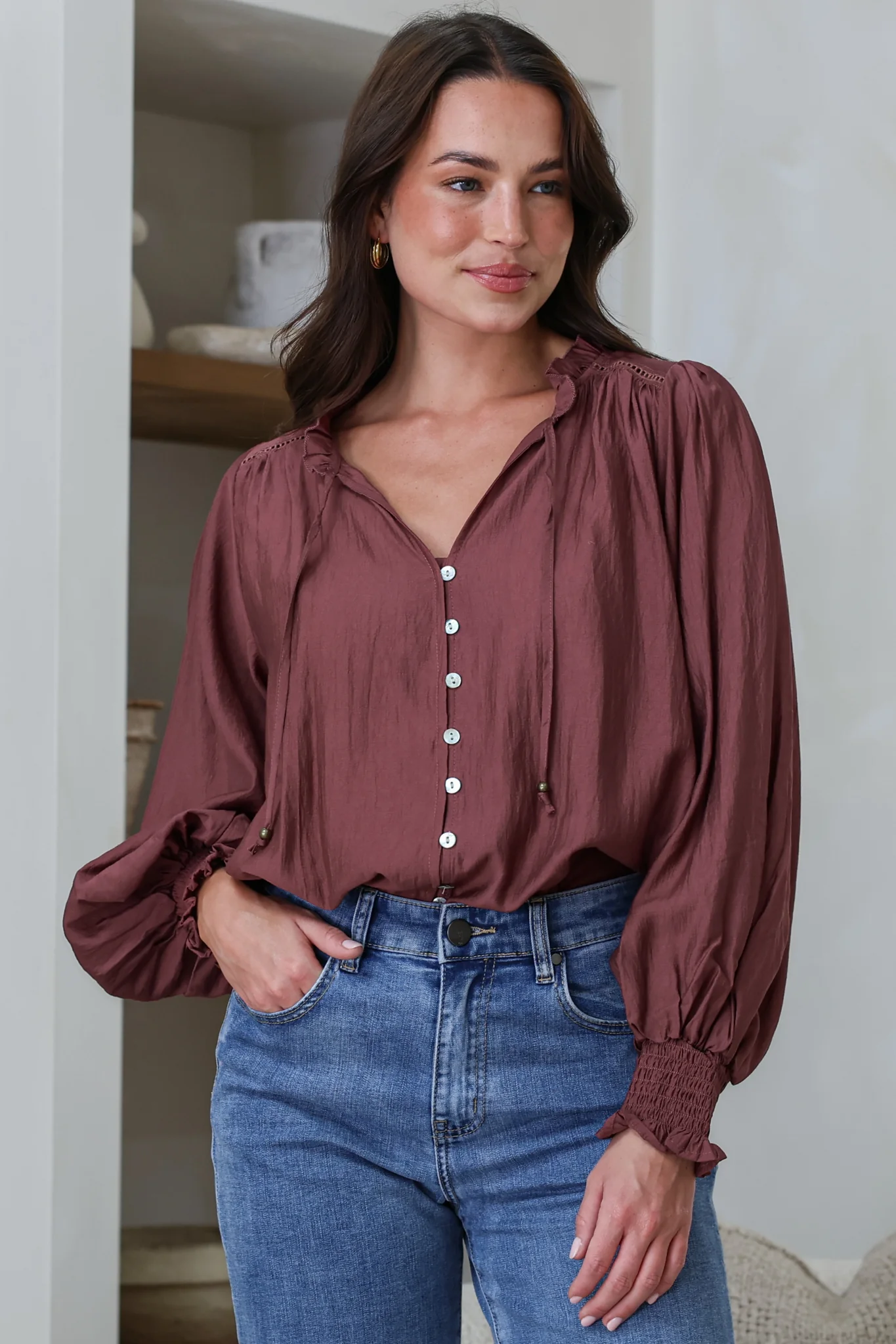Moree Blouse - Frill Collar Neck Tie Button Down Shirt in Mulberry - Image 4