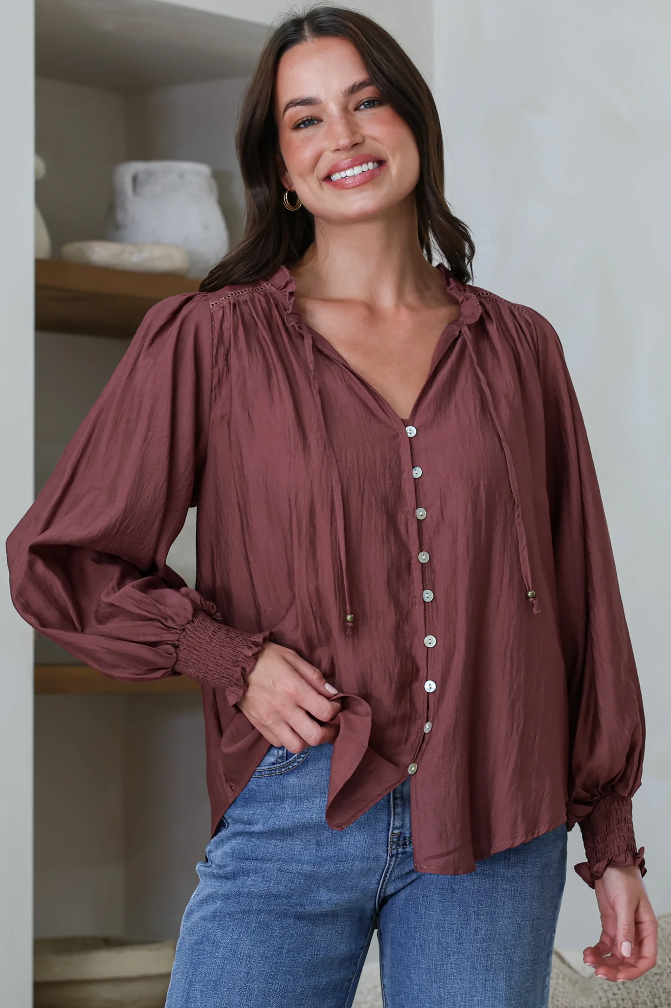 Moree Blouse - Frill Collar Neck Tie Button Down Shirt in Mulberry - Image 5