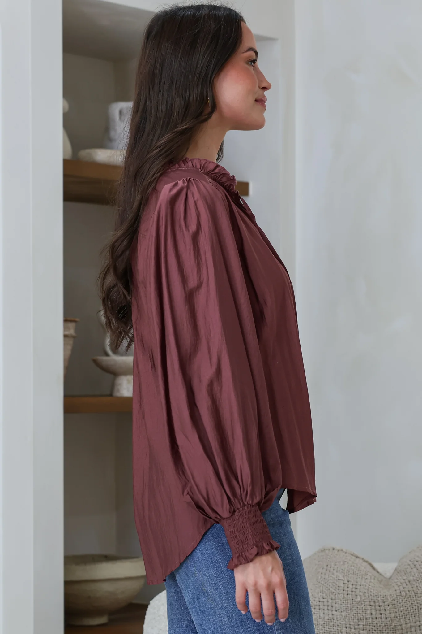 Moree Blouse - Frill Collar Neck Tie Button Down Shirt in Mulberry - Image 6
