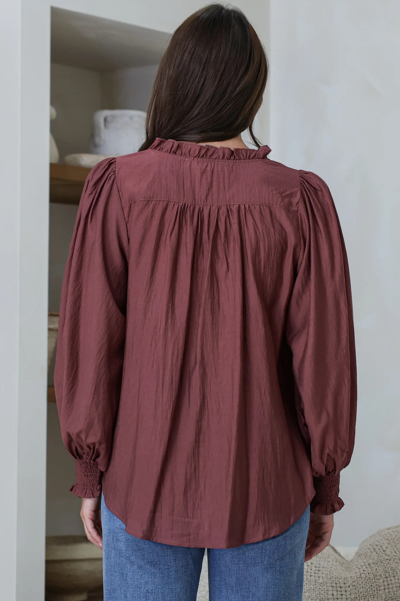Moree Blouse - Frill Collar Neck Tie Button Down Shirt in Mulberry - Image 7