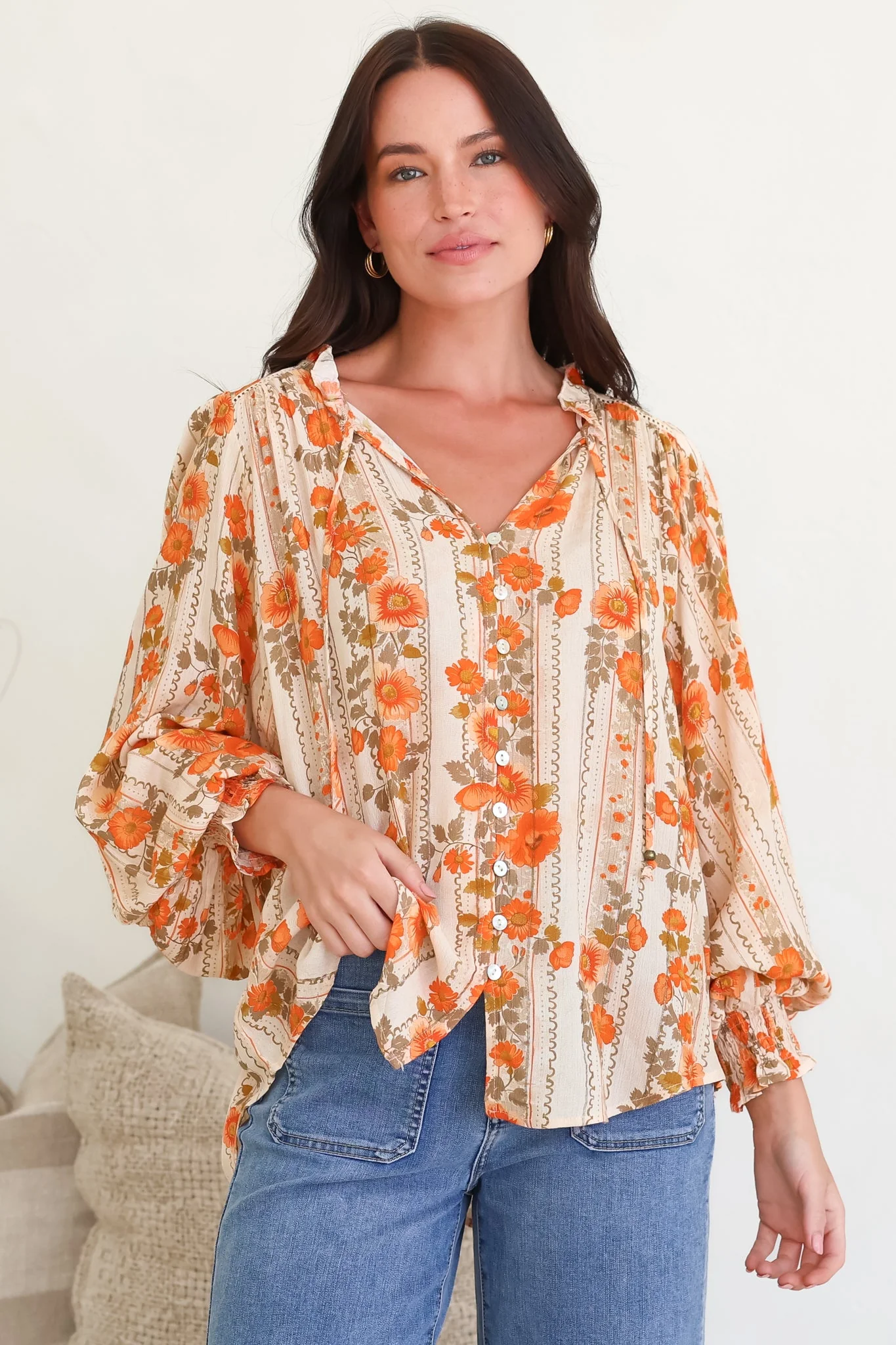 Moree Blouse - Frill Collar Neck Tie Button Down Shirt in Vondrosa Print - Image 2