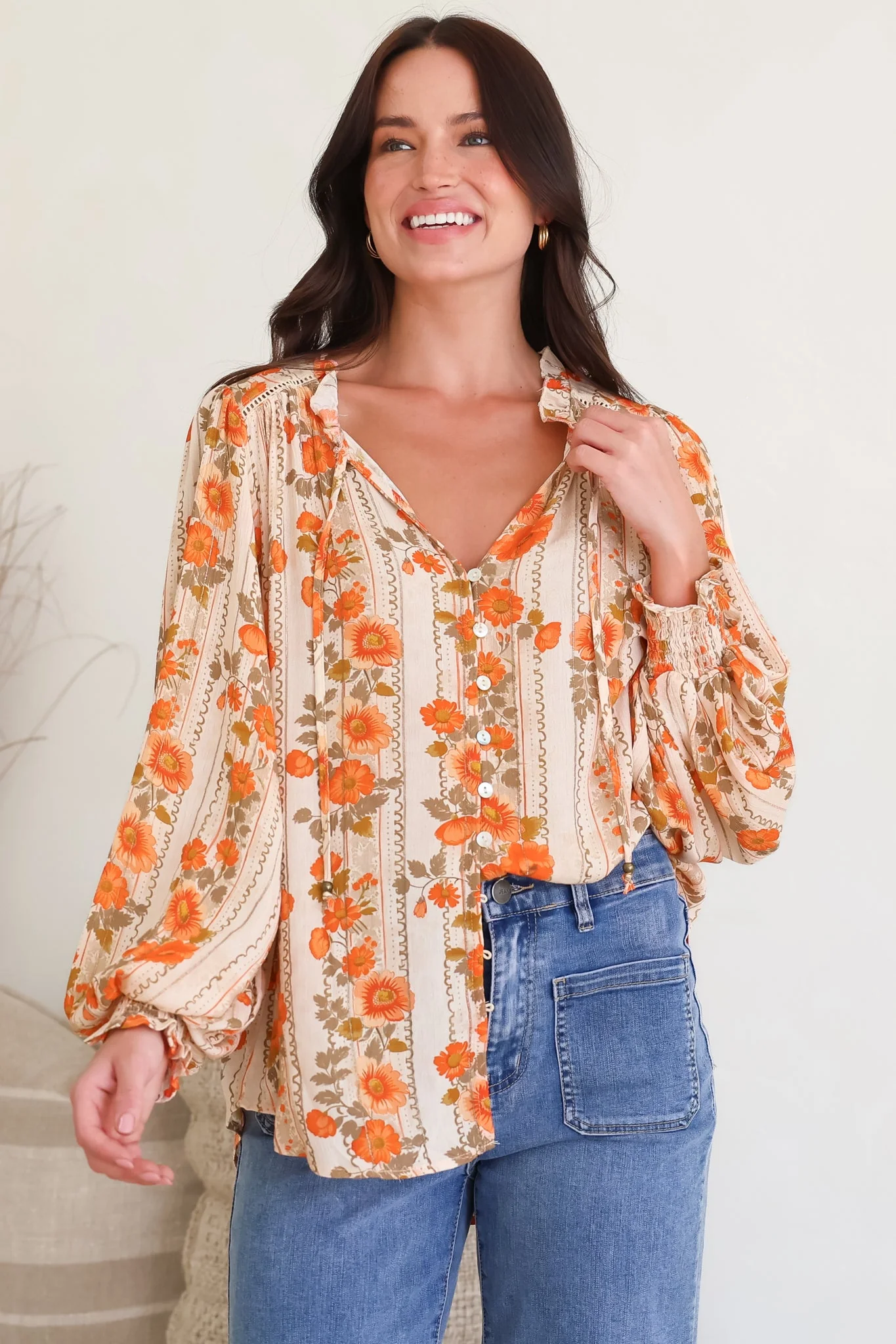 Moree Blouse - Frill Collar Neck Tie Button Down Shirt in Vondrosa Print - Image 3