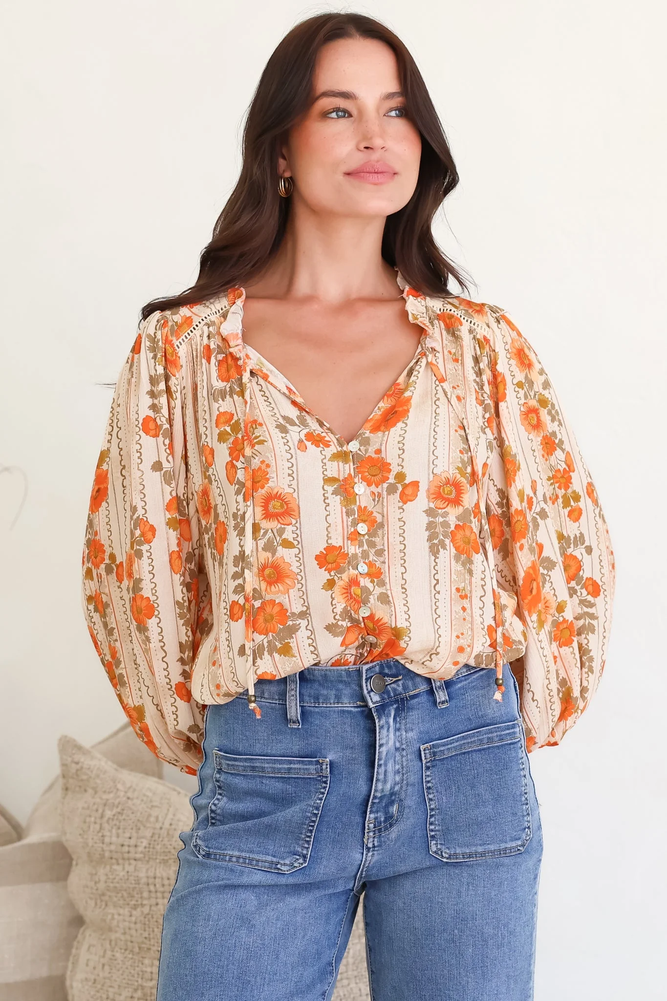 Moree Blouse - Frill Collar Neck Tie Button Down Shirt in Vondrosa Print - Image 4