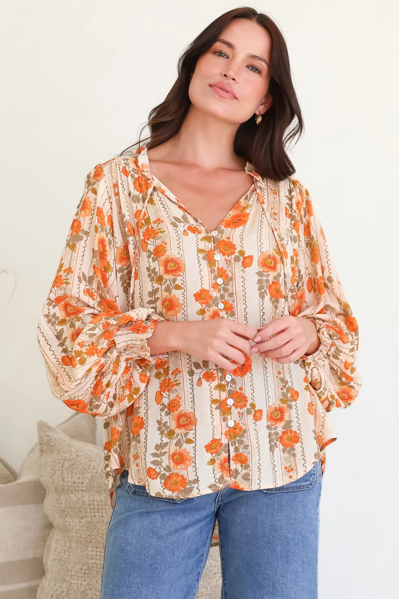 Moree Blouse - Frill Collar Neck Tie Button Down Shirt in Vondrosa Print - Image 7