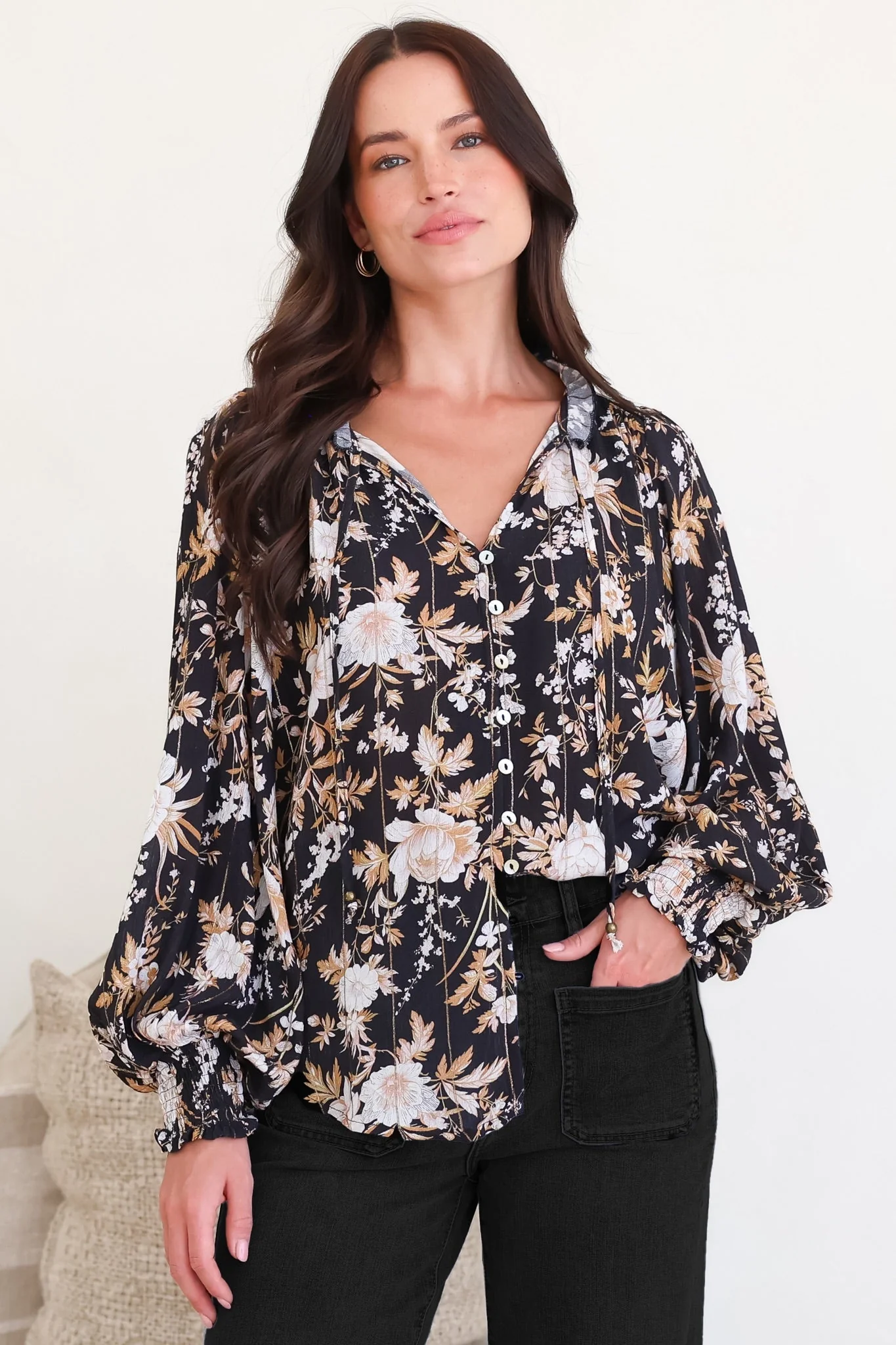 Moree Blouse - Frill Collar Neck Tie Button Down Shirt in Sorrento Print Black