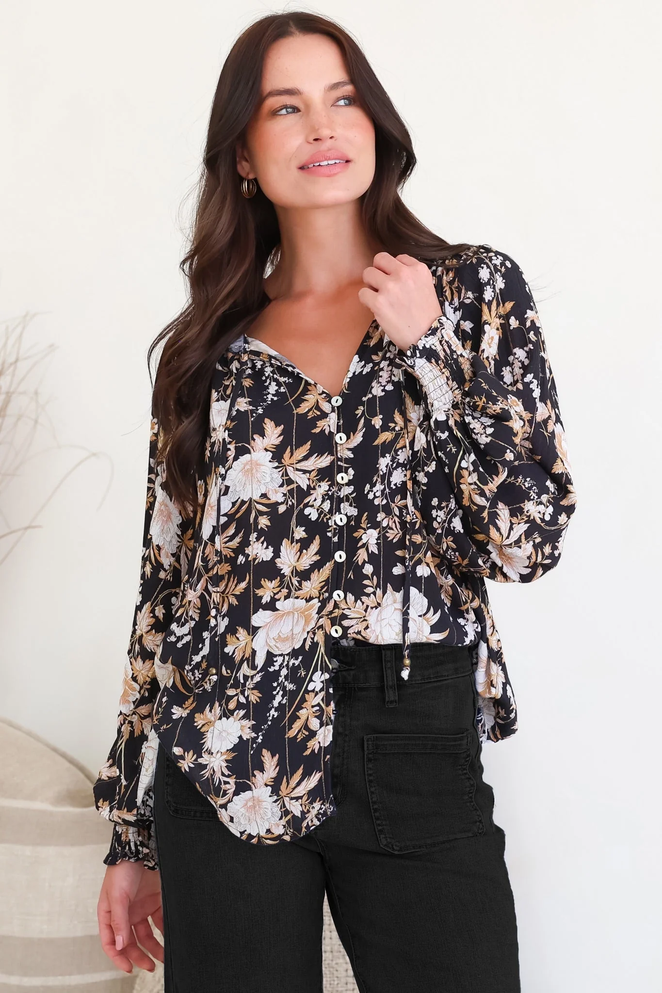 Moree Blouse - Frill Collar Neck Tie Button Down Shirt in Sorrento Print Black - Image 2